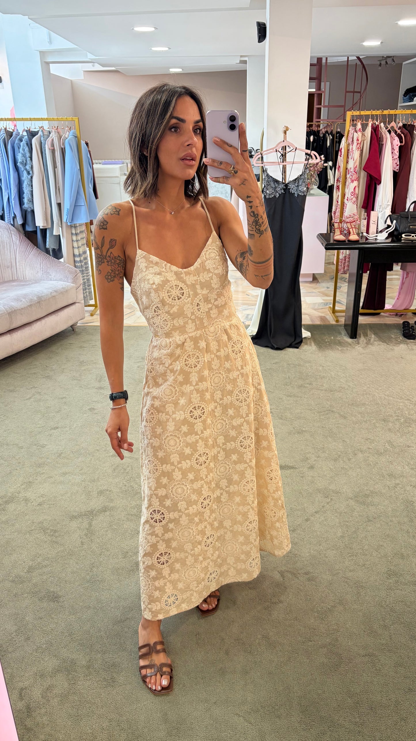 Abito midi beige macramè fr