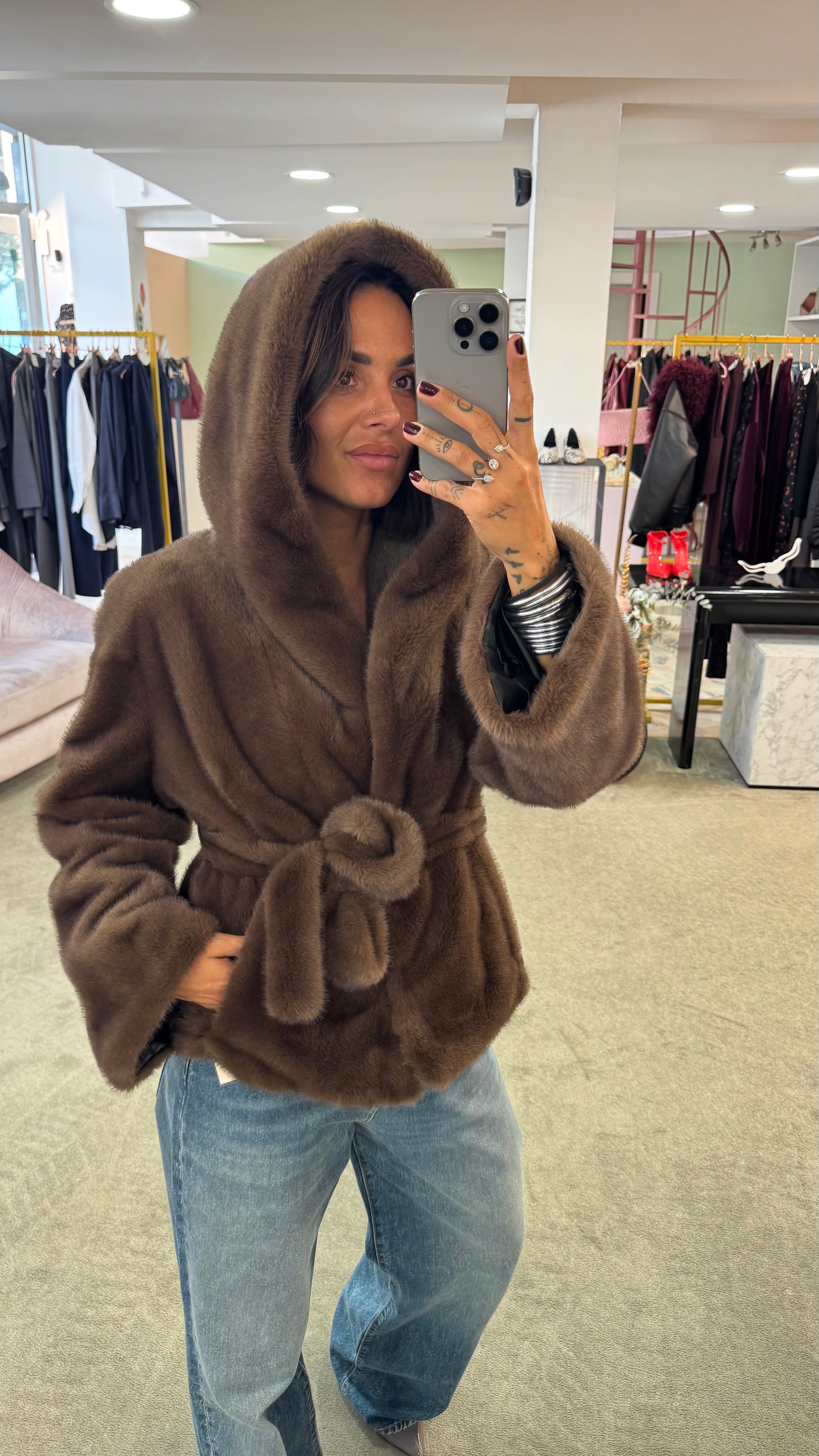 Pelliccia eco marrone luxury con cappuccio ys