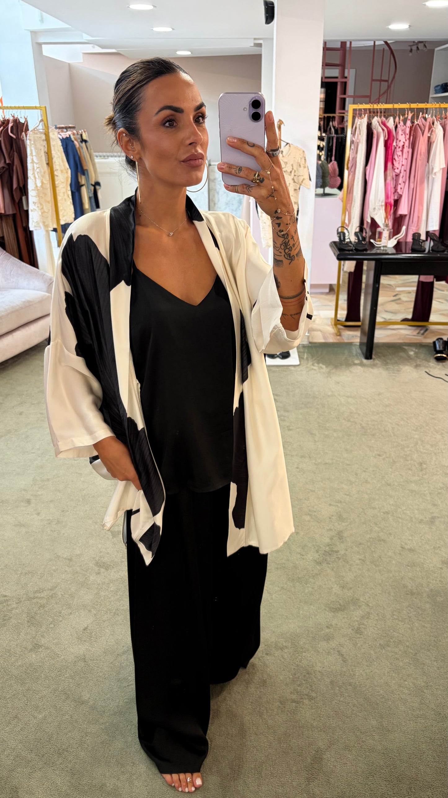 Kimono panna fantasia foglie nere ay