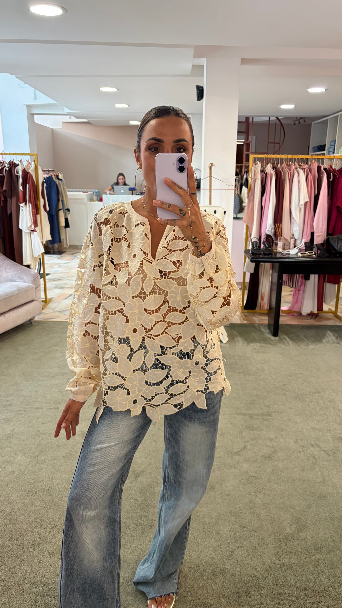 Camicia coreana crema  foglie traforata manica lunga sy