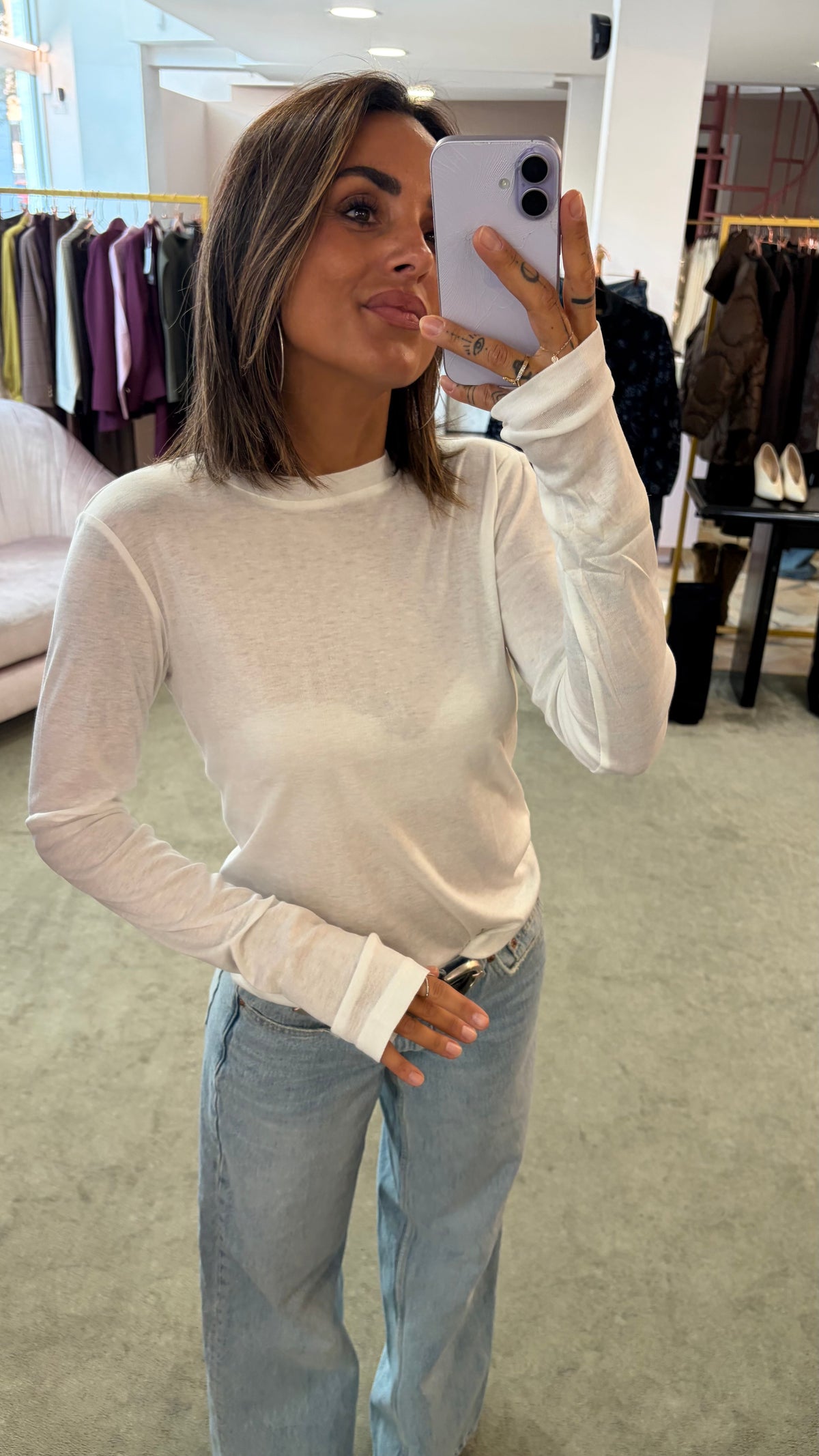 T-shirt bianca girocollo in lyoncell manica lunga ay