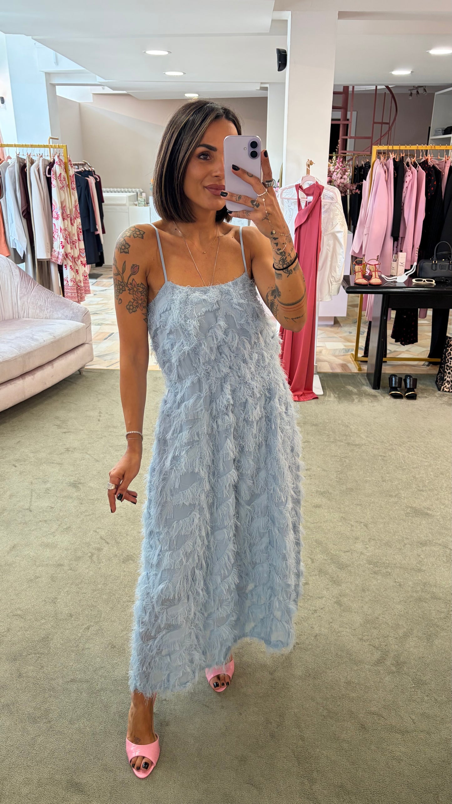 Abito midi azzurro polvere piume sl