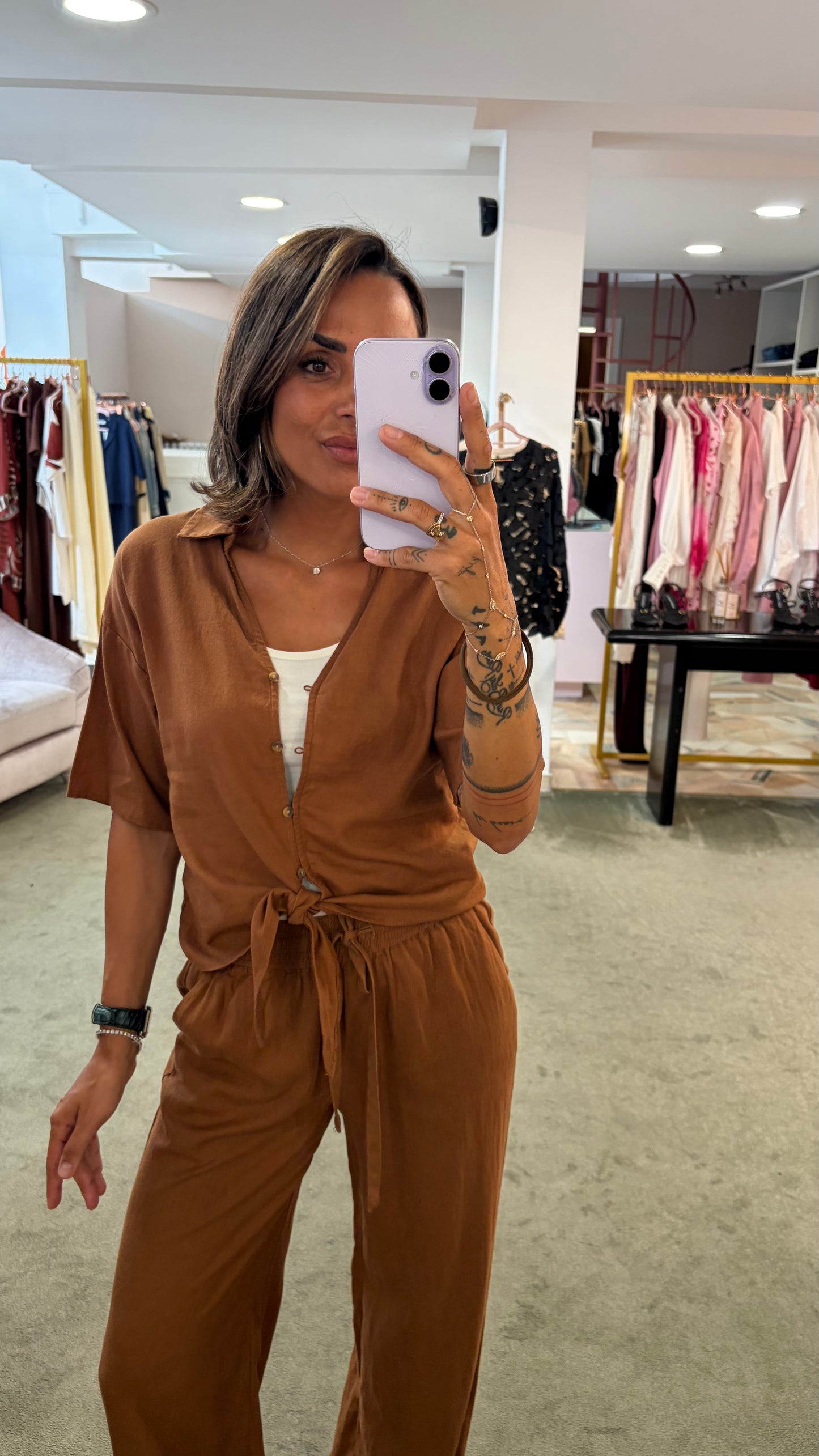Pantaloni mattone in lino con elastico e coulisse in vita sy