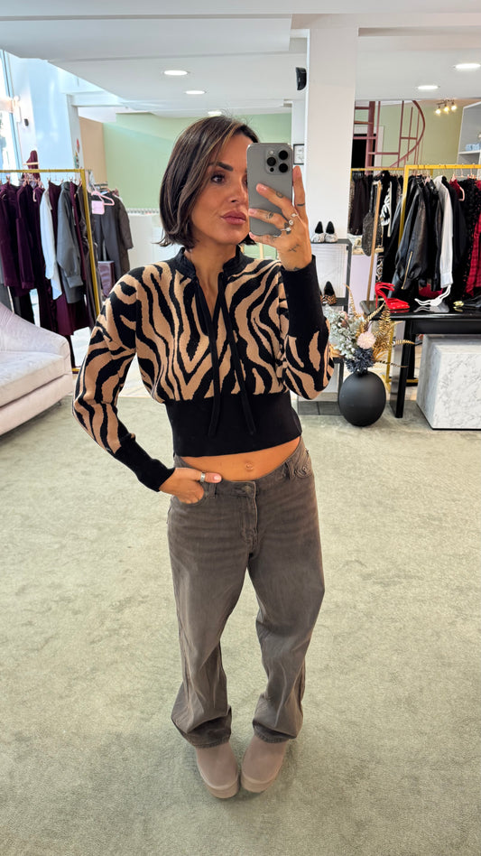 Maglione crop zebrato marrone e nero lh