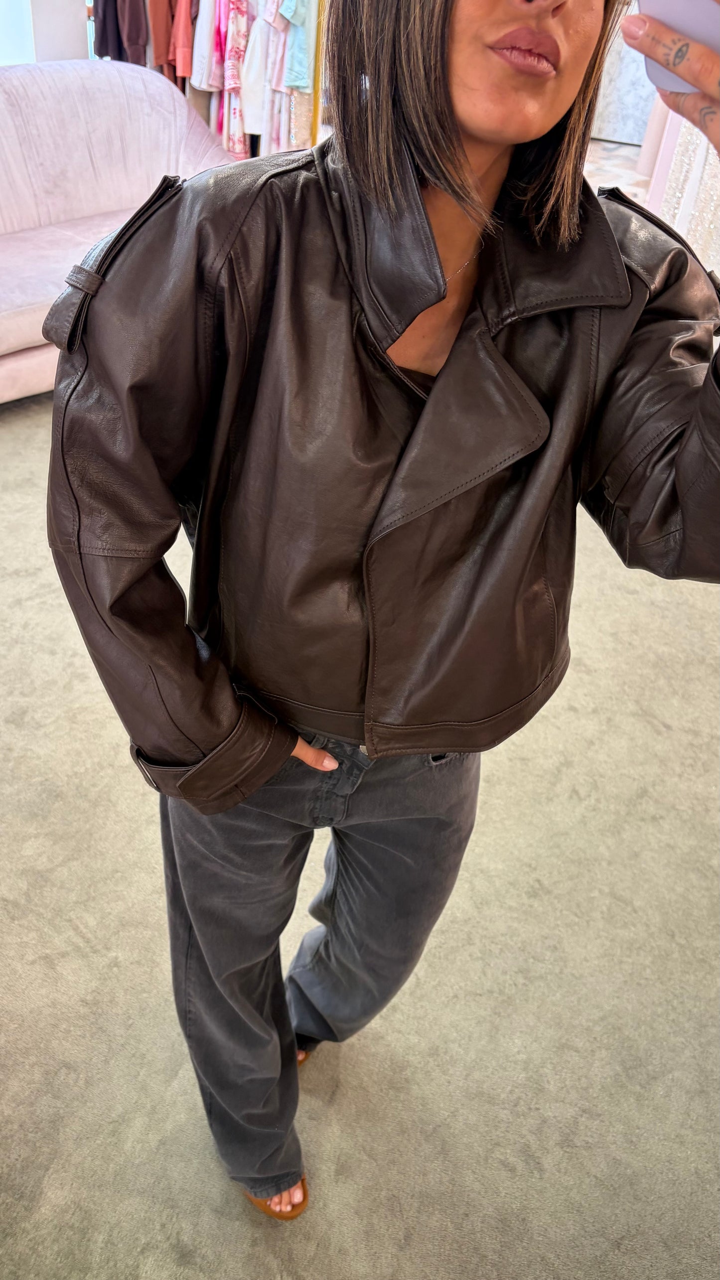 Giacca chiodo crop marrone in pelle vera Marsem