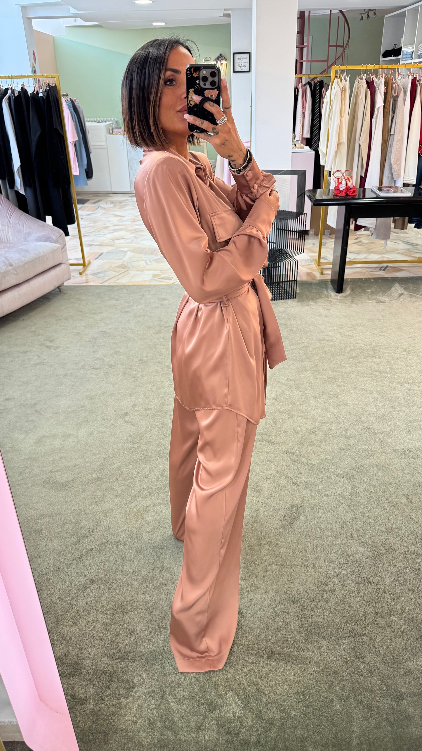 Pantaloni rosa blush in satin morbidi ks