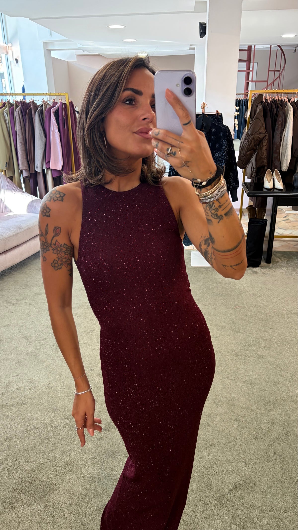 Abito lungo bordeaux lurex scollo all'americana ks