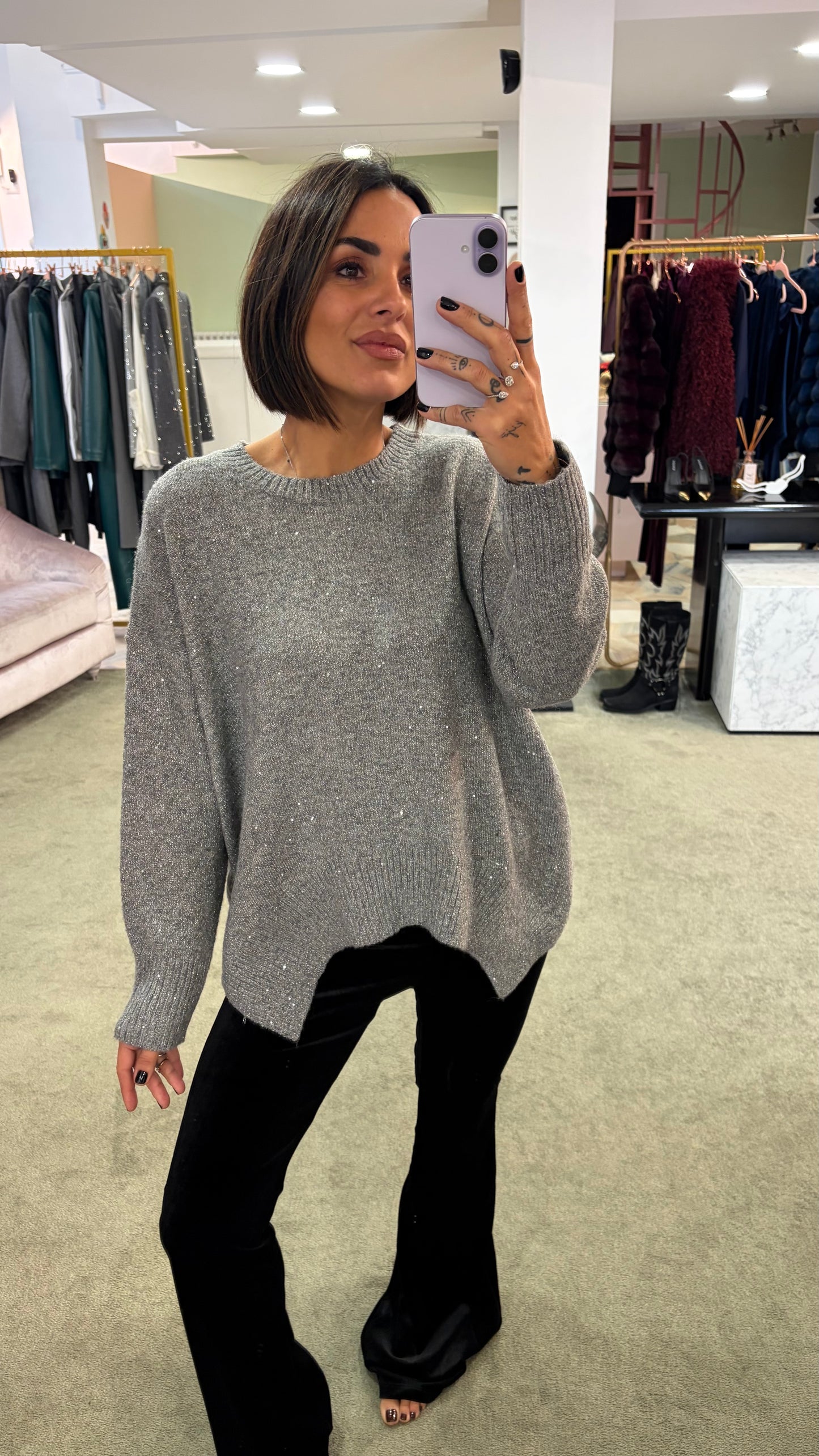 Maglione over grigio con micropaillettes bj