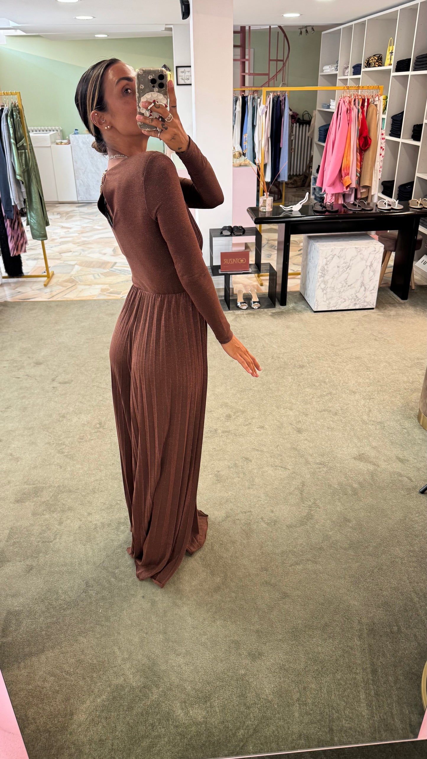 Jumpsuit marrone lurex plisse’ in maglia  fr