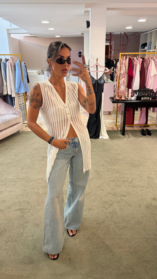Cardigan smanicato bianco a righe trasparente bj
