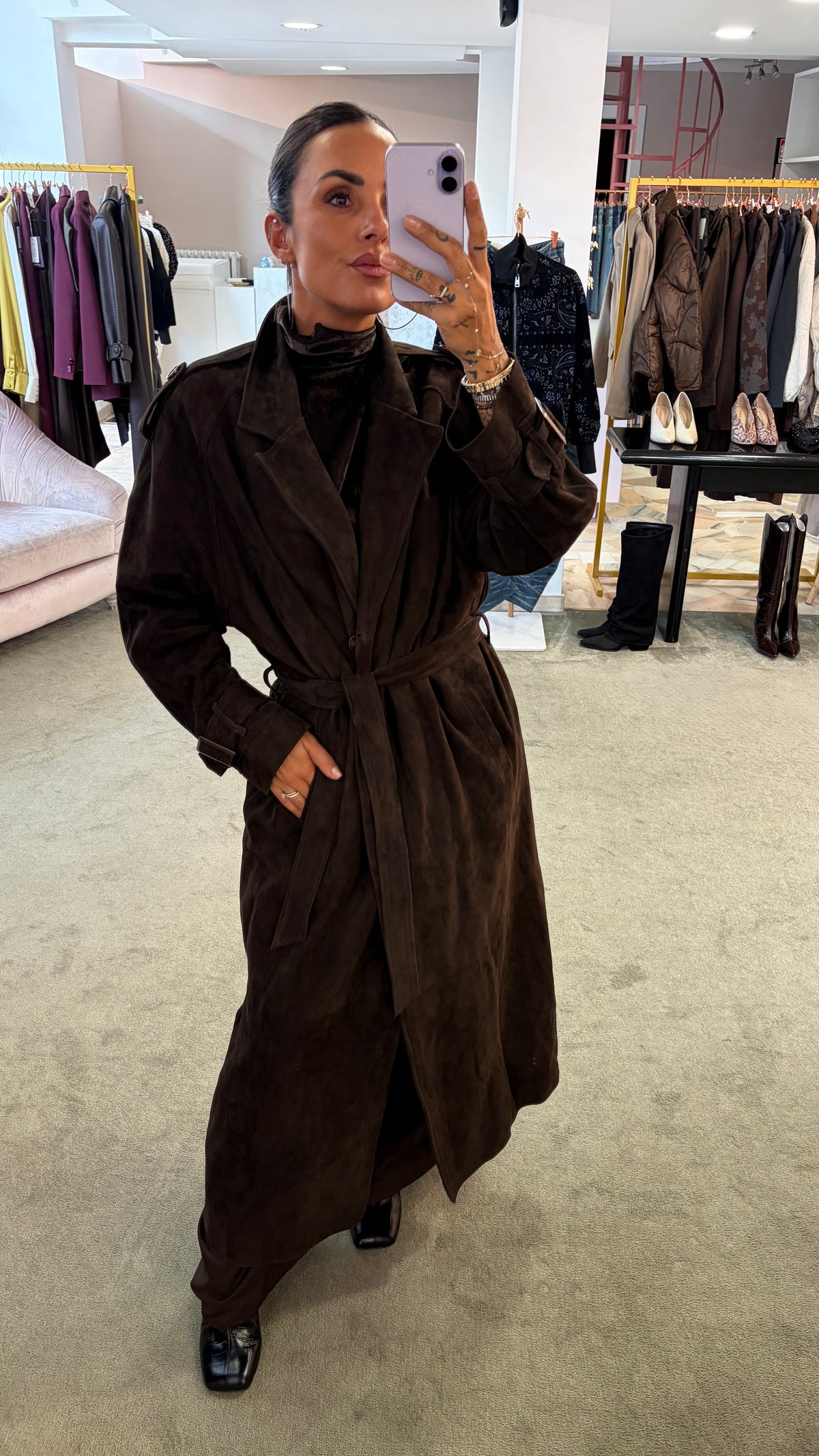 Trench marrone testa di moro lungo con cintura in pelle scamosciata Marsem