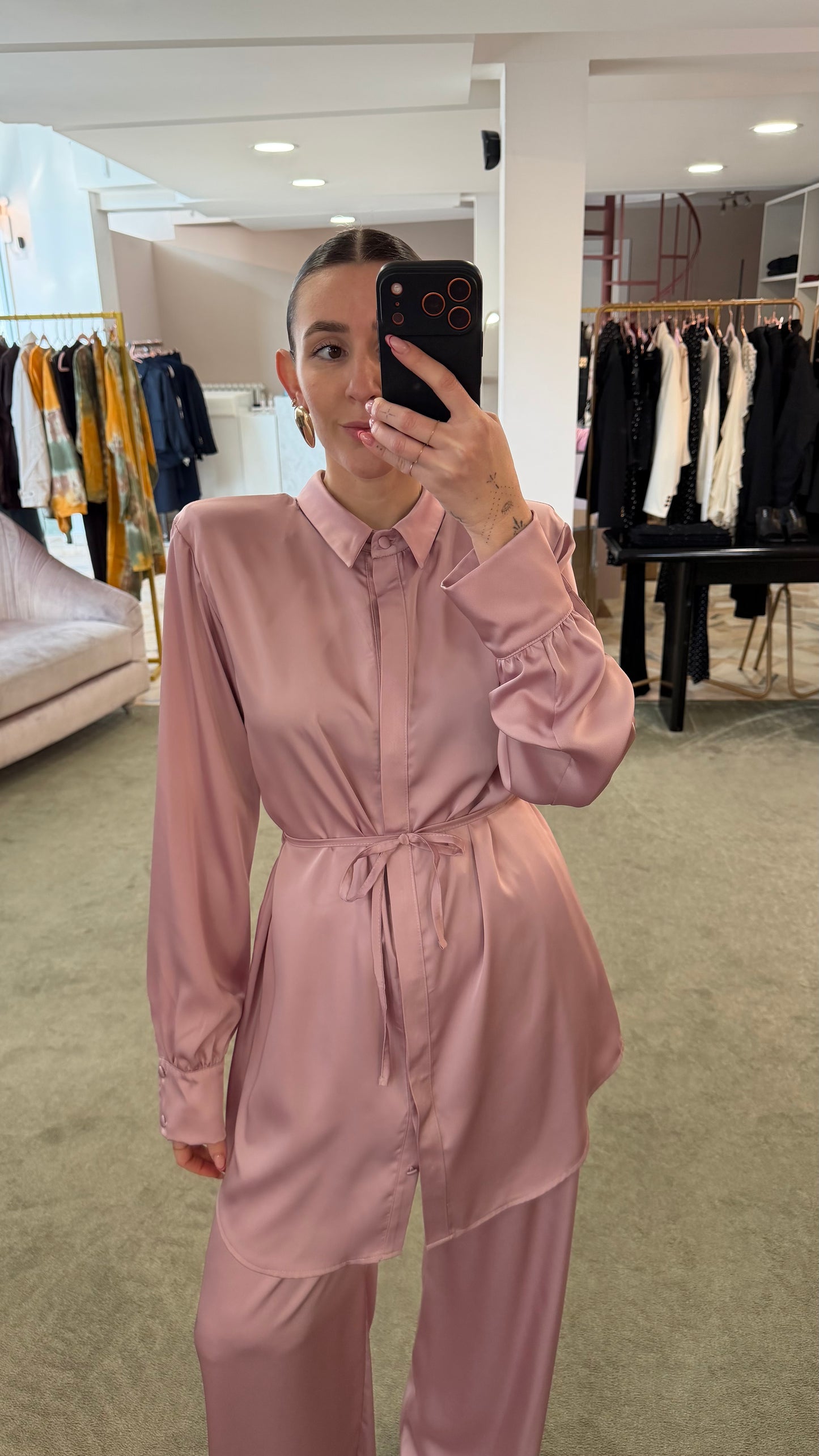 Camicia abito rosa in satin over ks