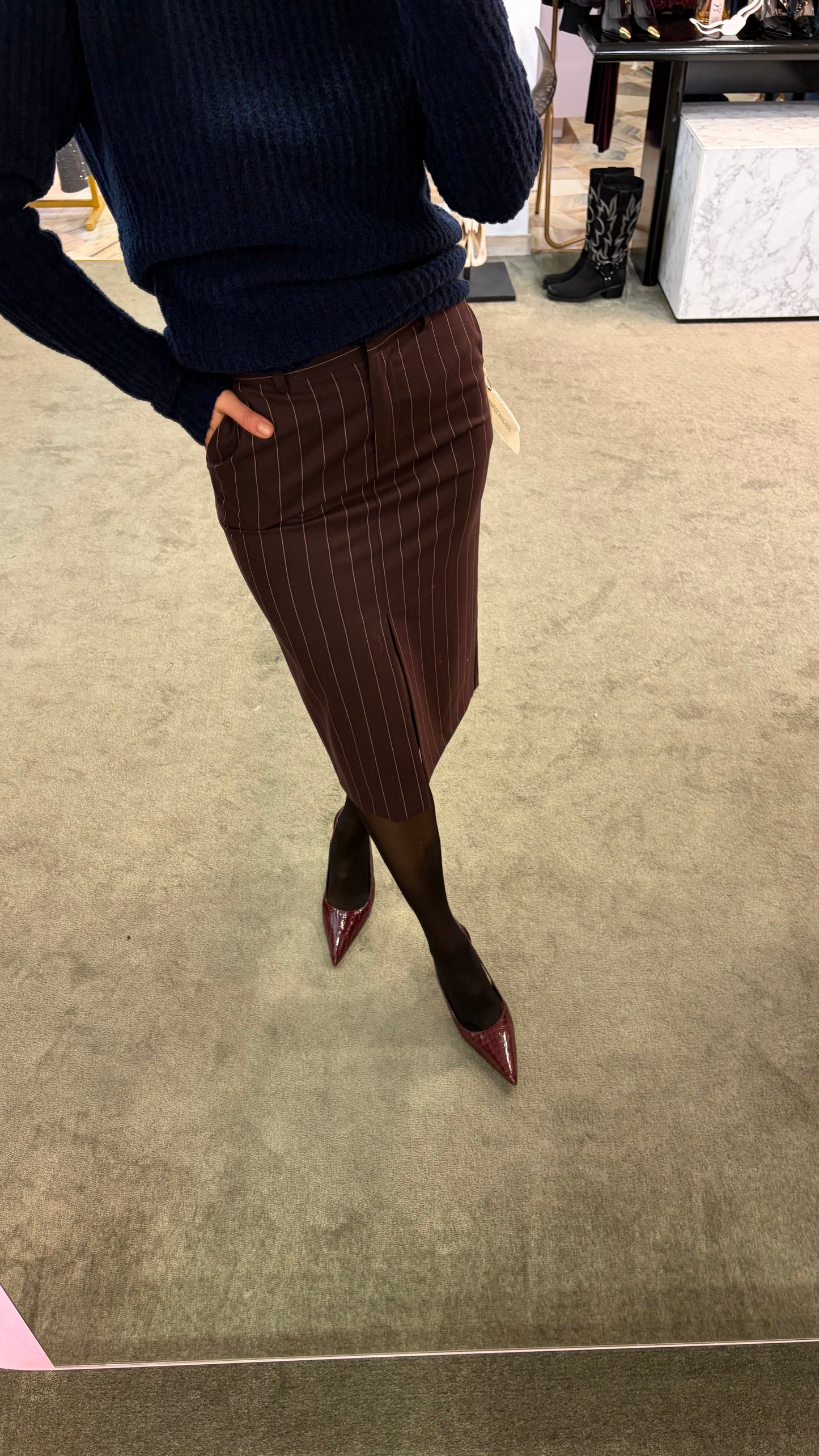 Gonna longuette MAR DE MARGARITAS marrone gessata con spacco