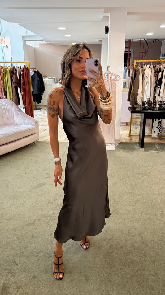 Abito midi asfalto in satin schiena nuda gl