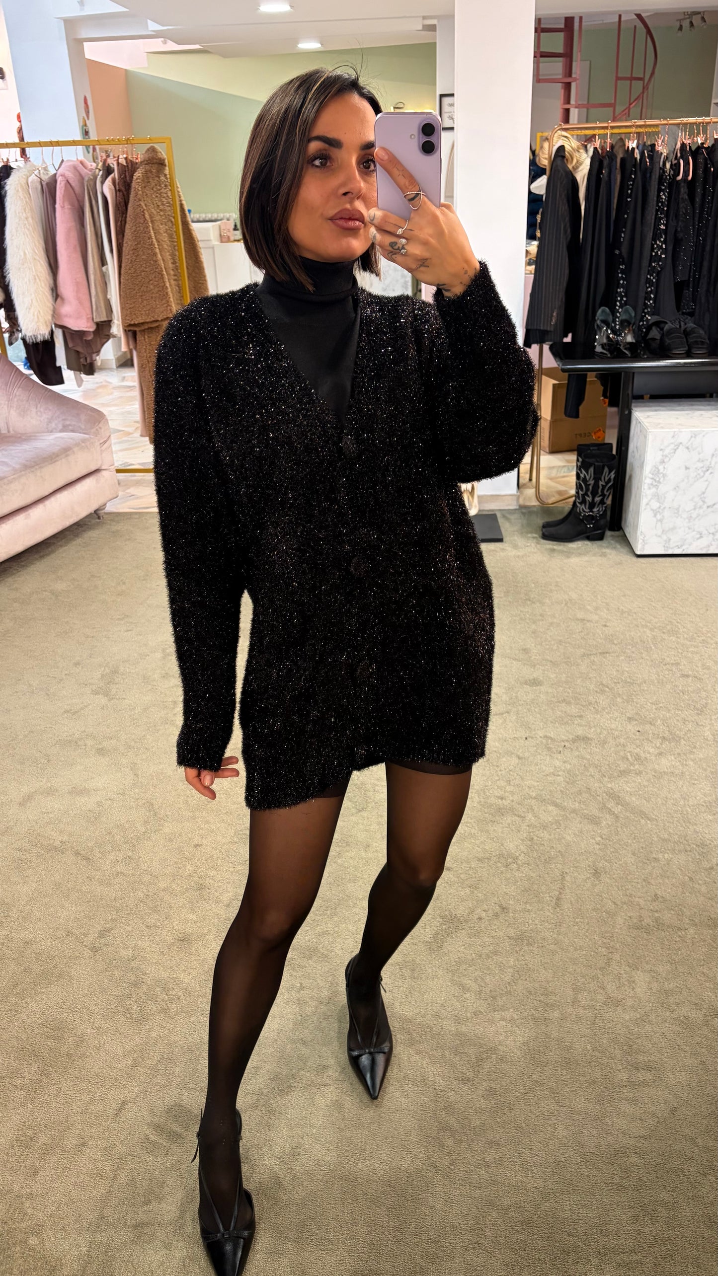 Cardigan oversize nero in lurex gl