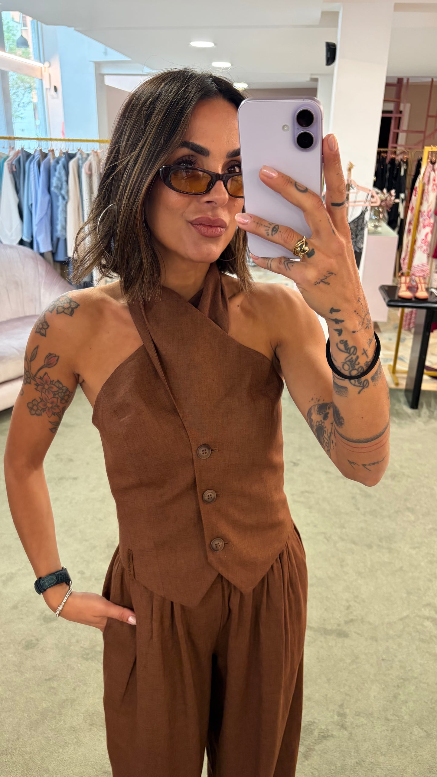 Gilet tabacco incrociato in lino Hinnominate