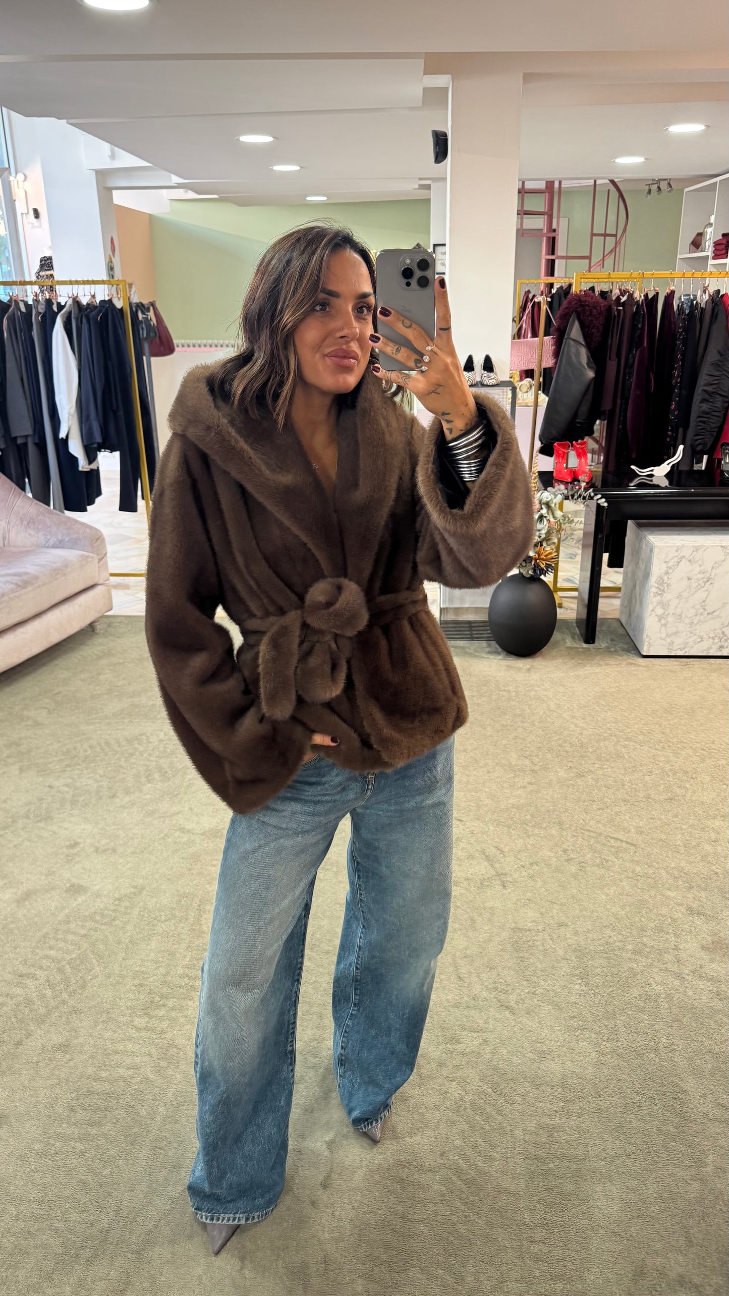 Pelliccia eco marrone luxury con cappuccio ys