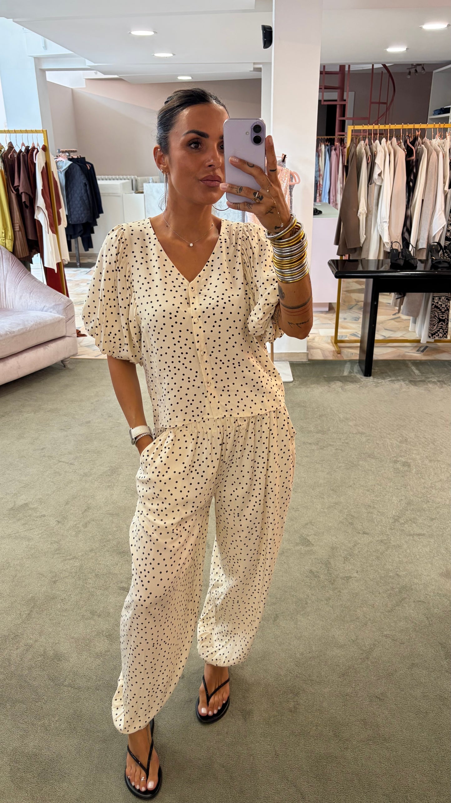 Blusa panna a pois manica corta a sbuffo in viscosa sy