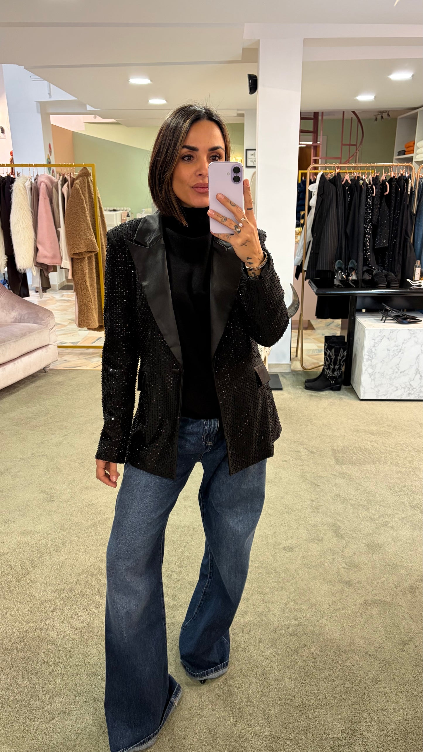 Blazer nero crystal con rever in raso fr