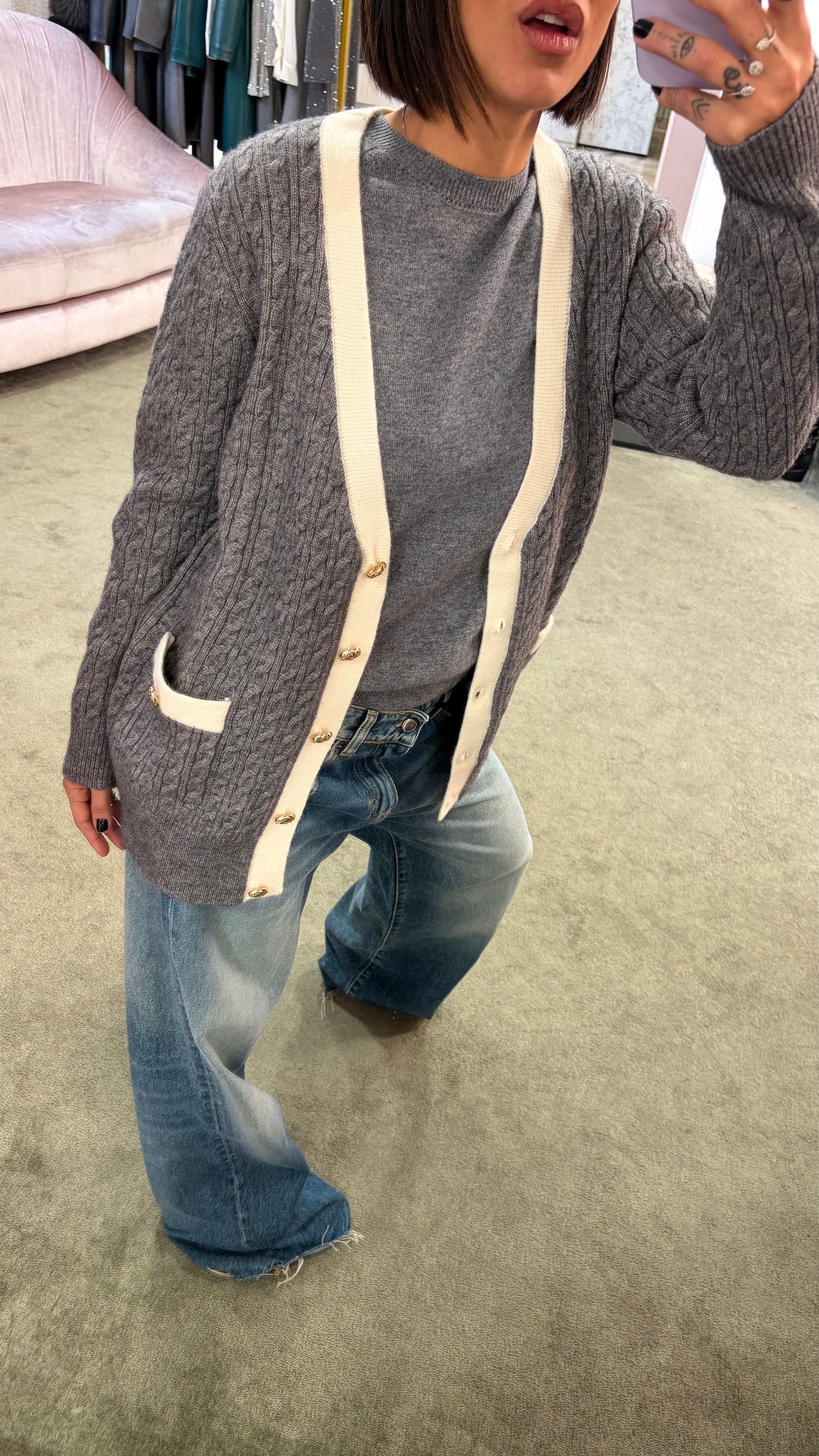 Cardigan over grigio a trecce fr