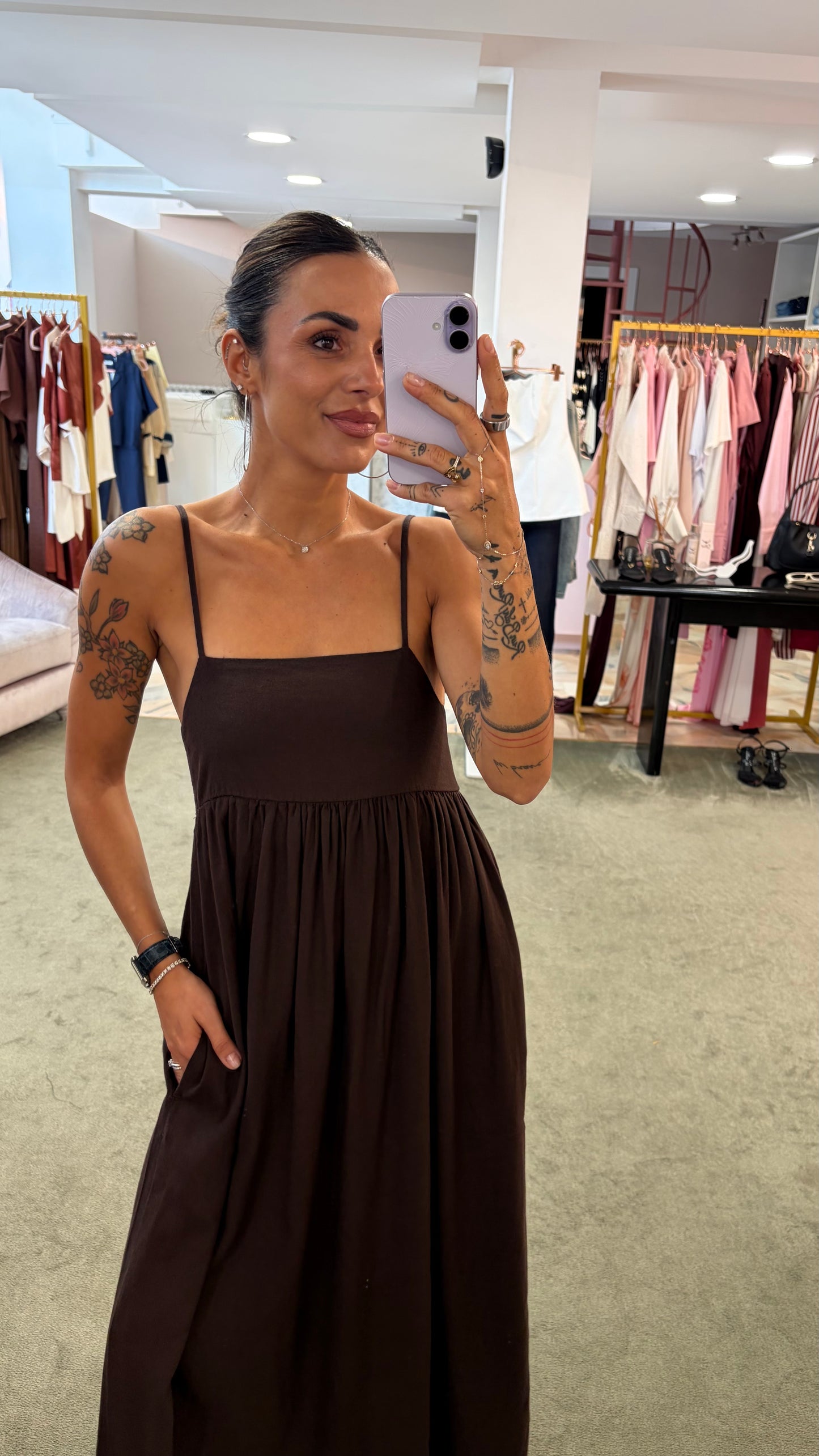 Abito midi marrone in viscosa e lino jx