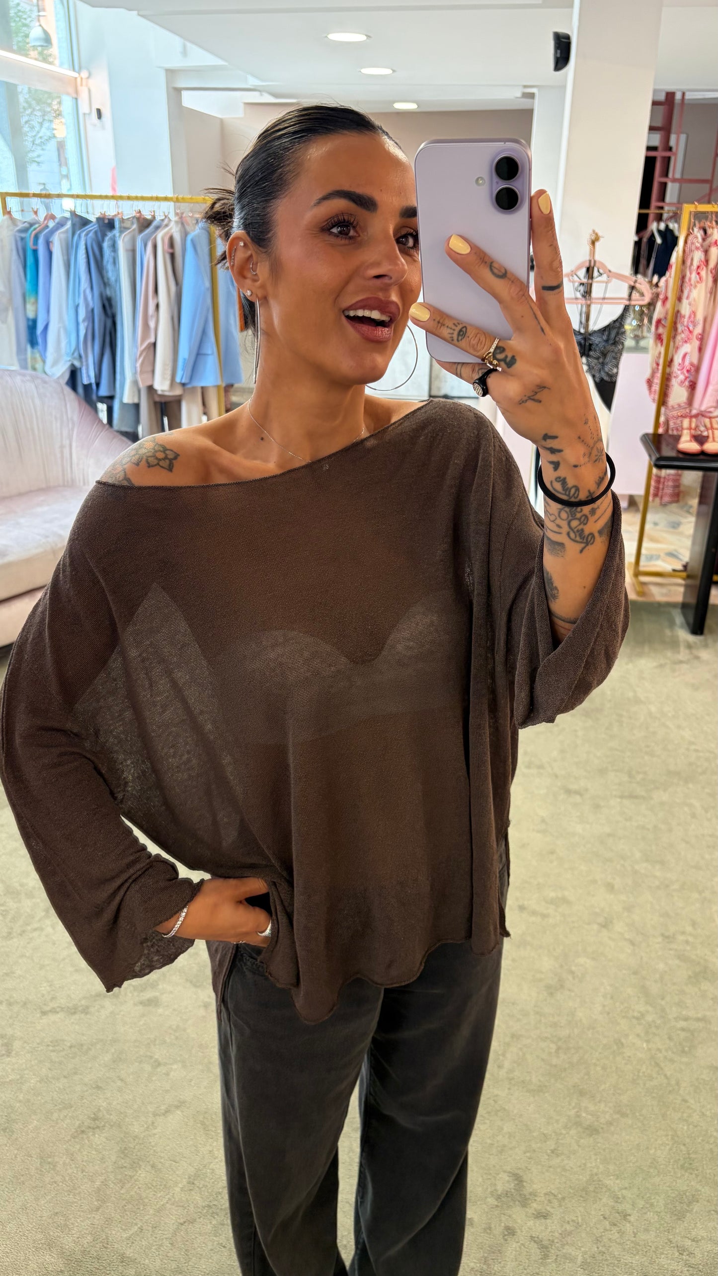 Maglia marrone cacao scollo a barchetta in lino fy
