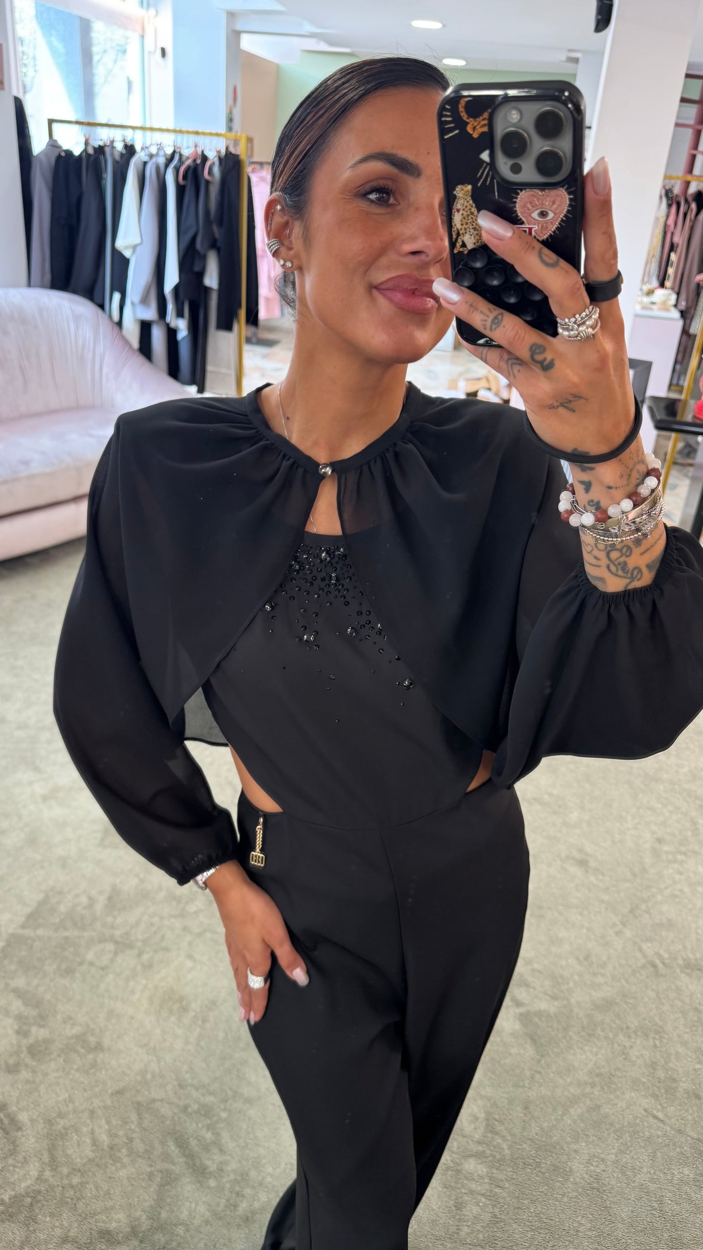 Jumpsuit nera con cristalli fr