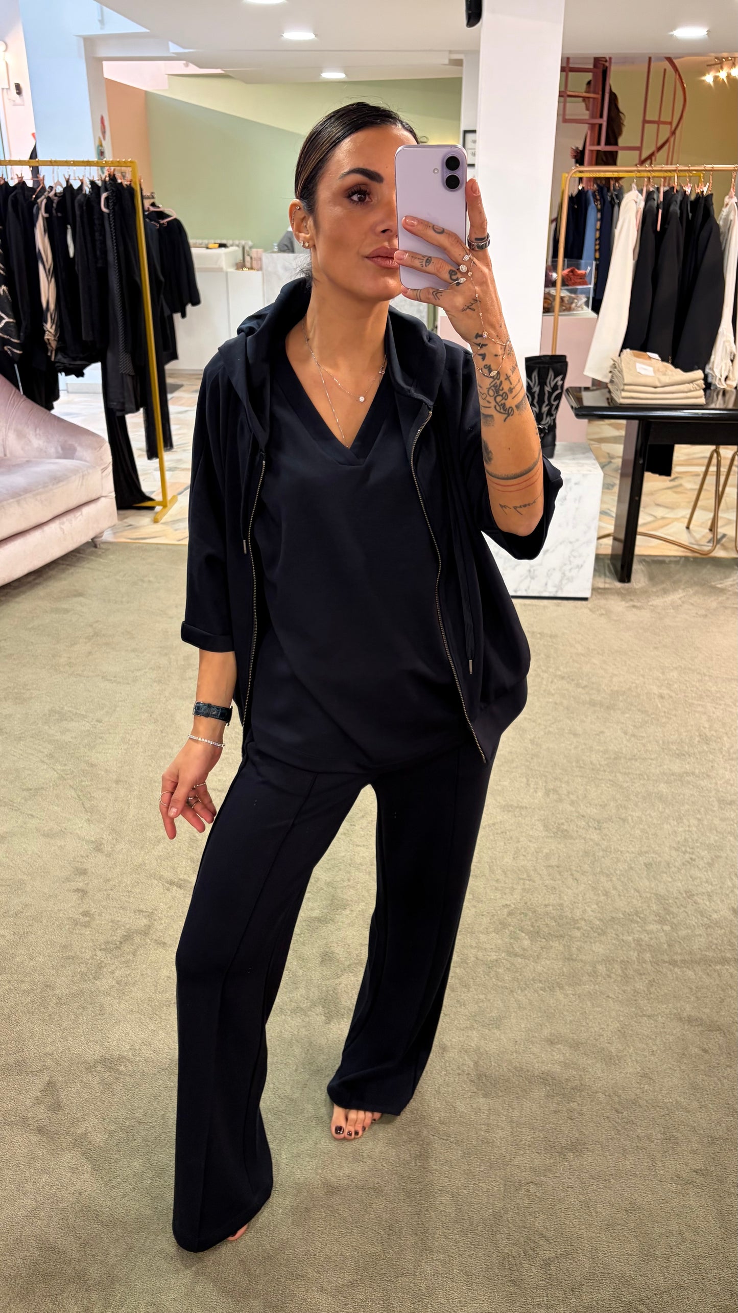 Felpa blu notte in modal mezza manica con cappuccio sy