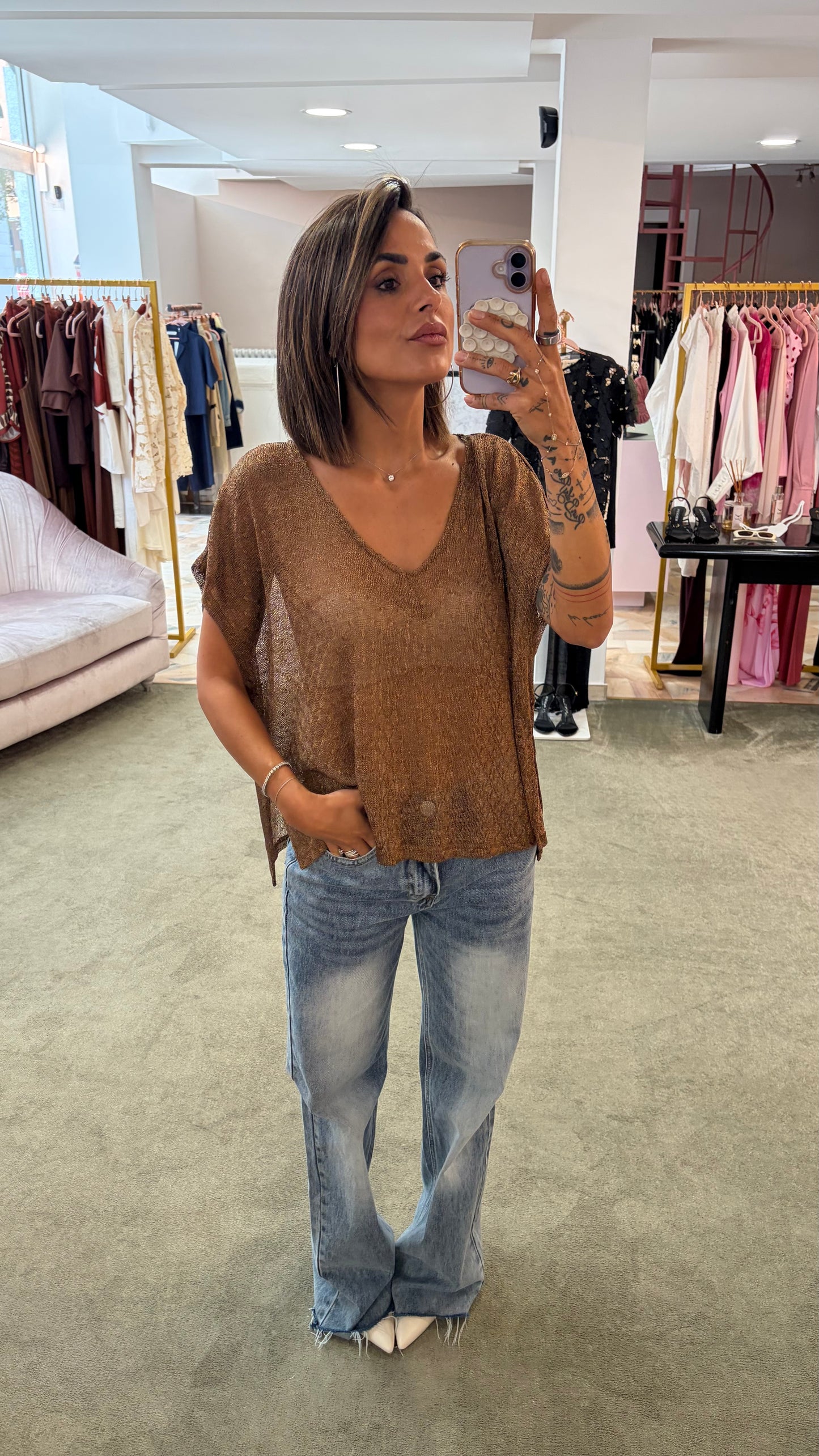 Maglia scollo a v bronzo in lurex manica scesa ay