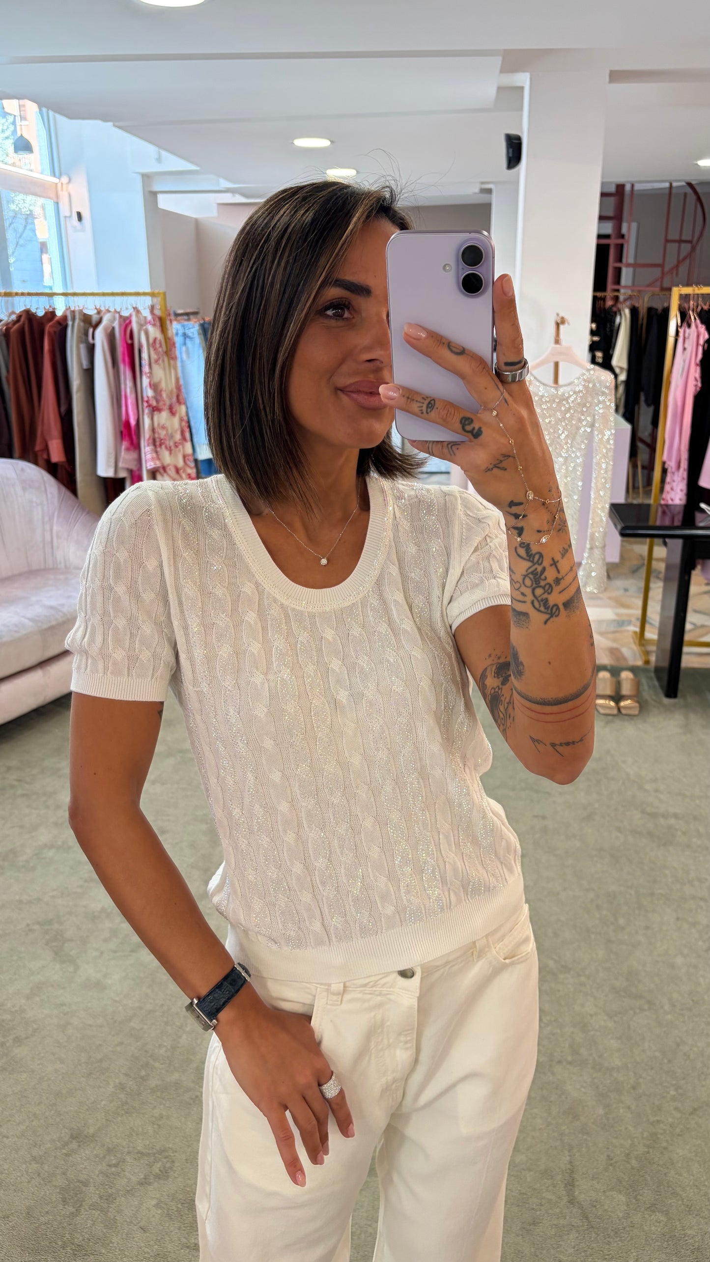 Maglia bianca manica corta a trecce crystal fr