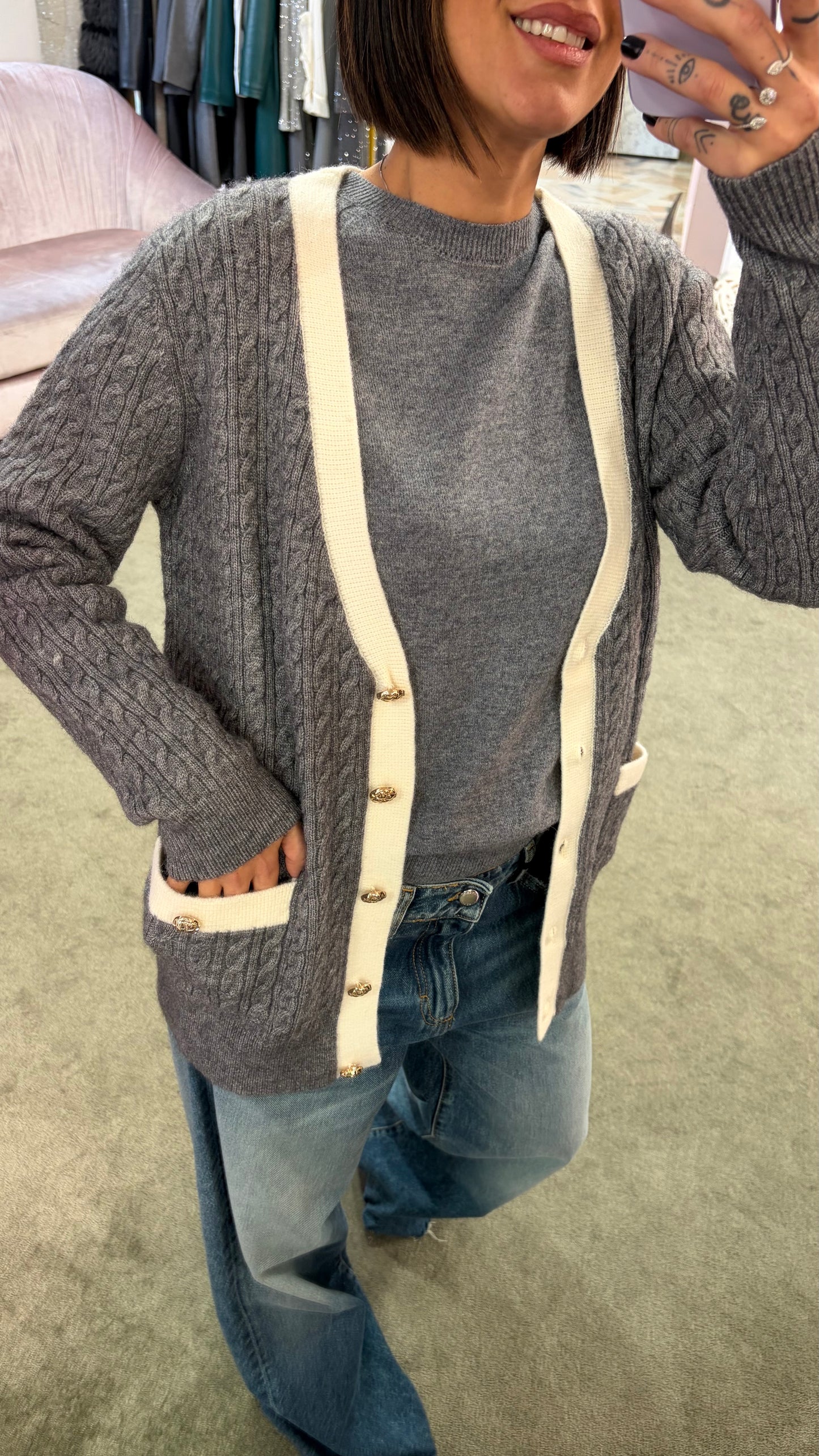 Cardigan over grigio a trecce fr