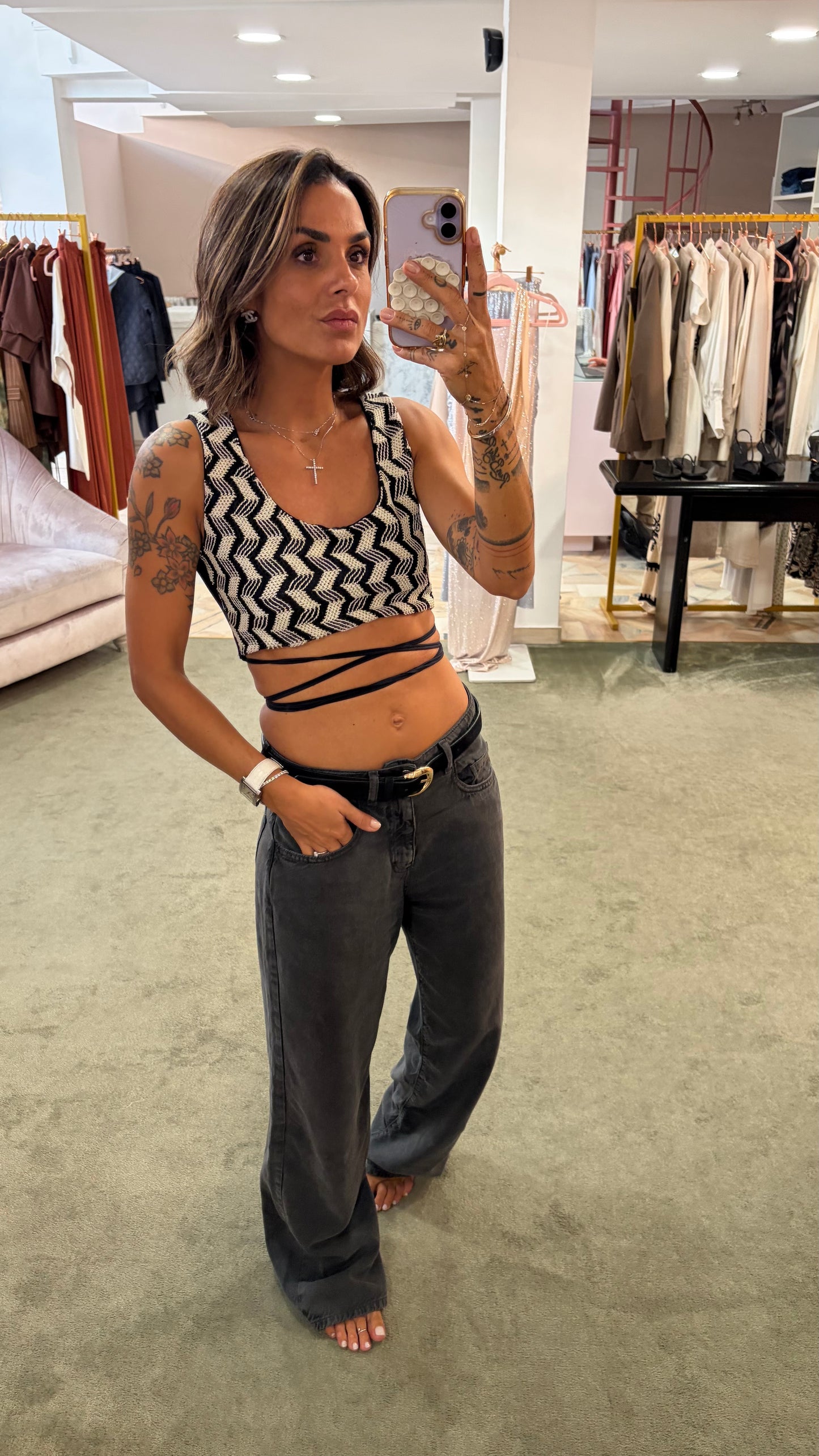 Pantaloni in maglia bicolor bianchi e neri a zig zag Cotazur