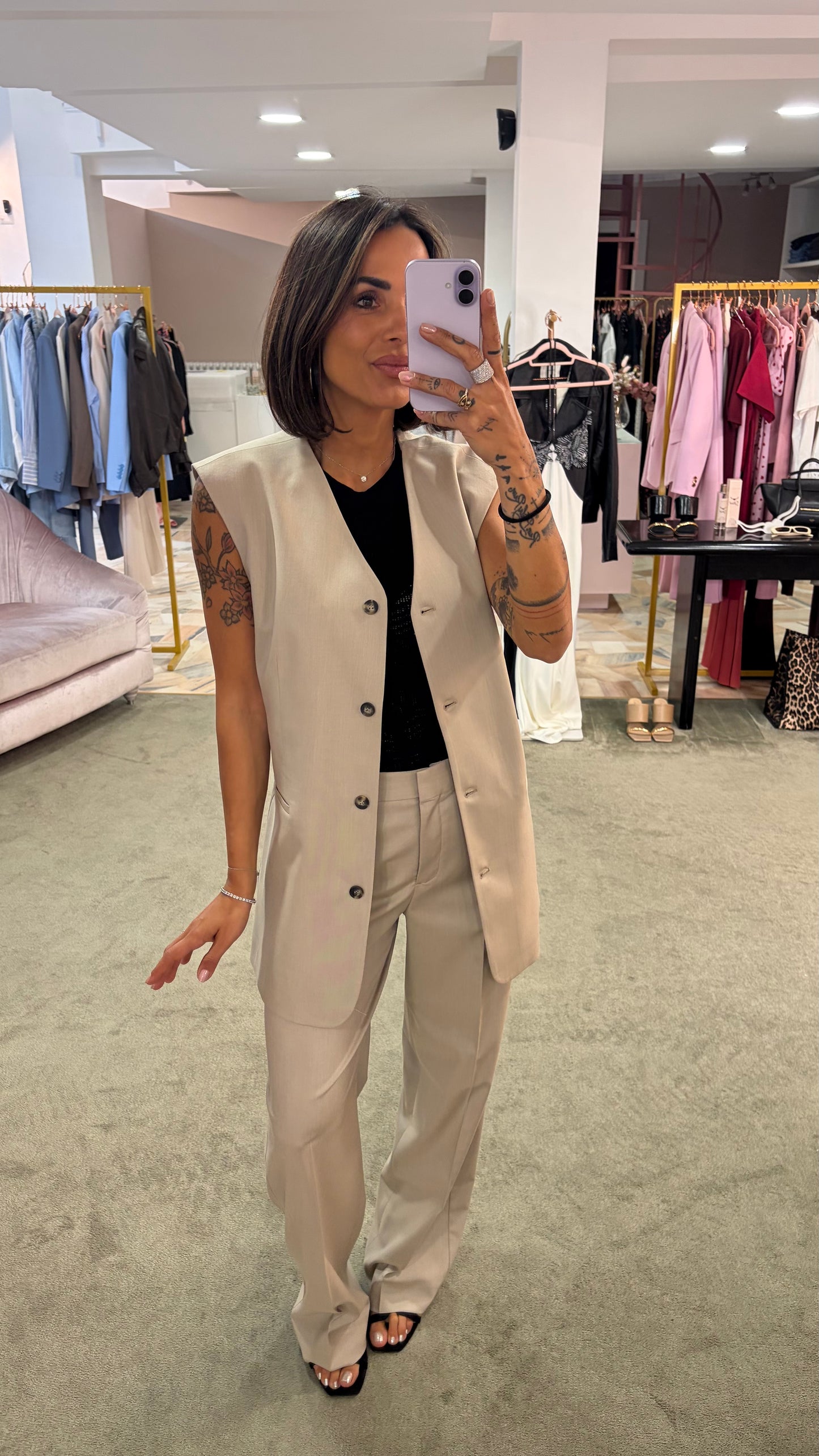 Pantaloni lisa beige melange wide leg sl