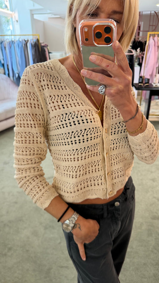 Cardigan sabbia traforato con bottoni gioiello bj