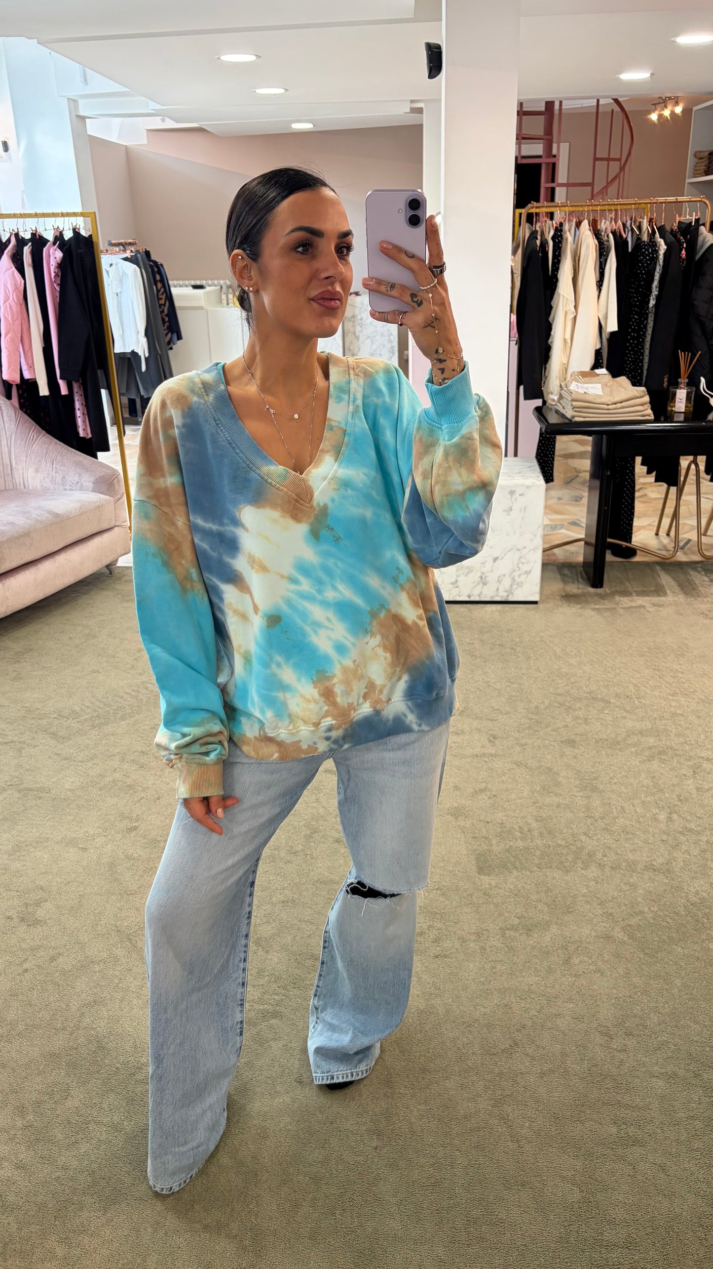 Felpa azzurra tie-dye scollo a v Don't@Me