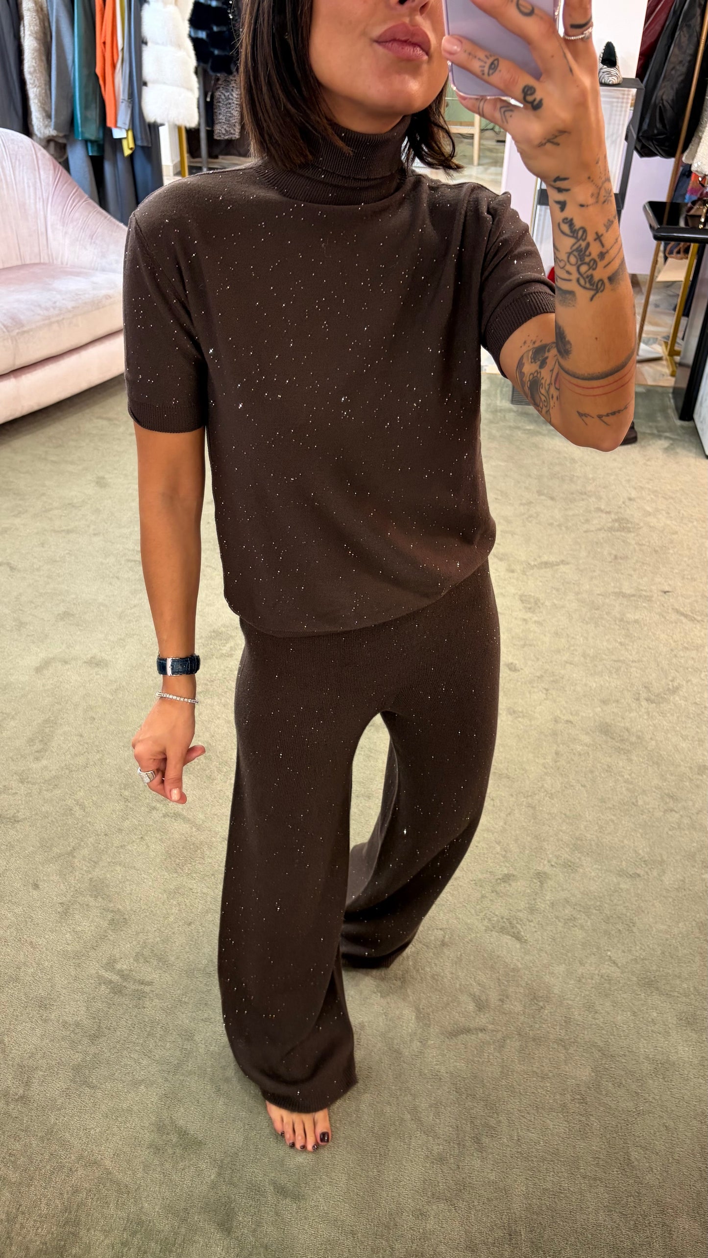 Pantaloni marroni testa di moro Hinnominate in maglia con micropaillets