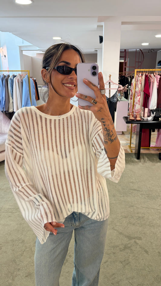 Maglia bianca maniche lunghe a righe trasparente bj