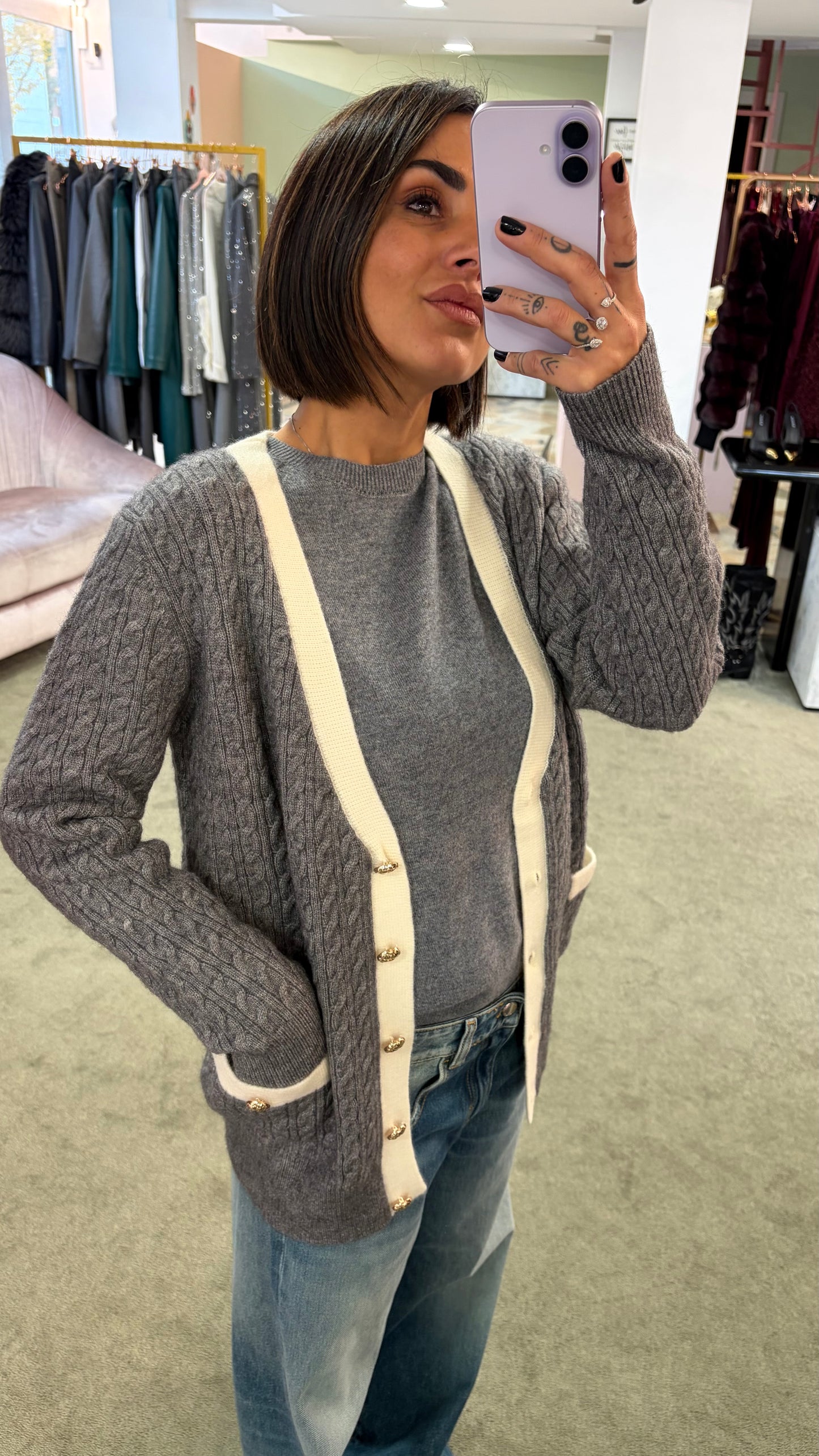 Cardigan over grigio a trecce fr