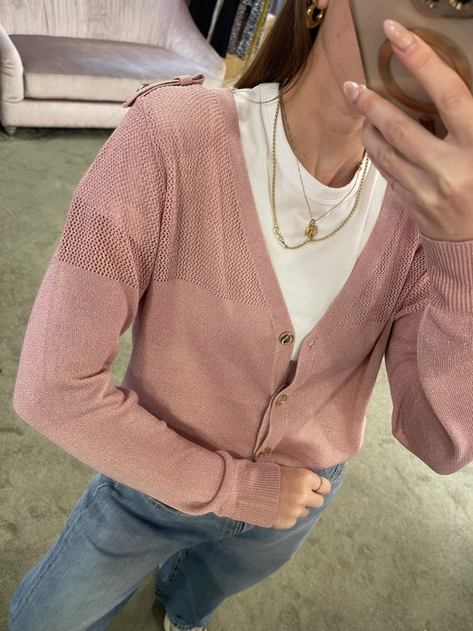 Cardigan rosa in lamè con bottoni oro fr
