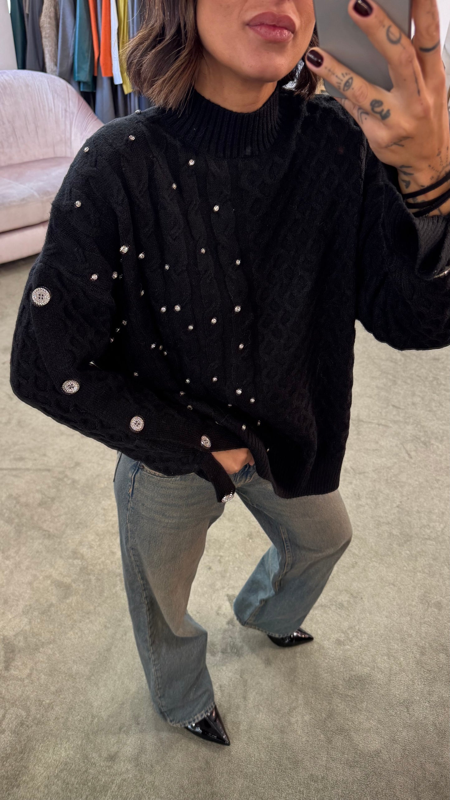 Maglione nero a trecce con pietre fr