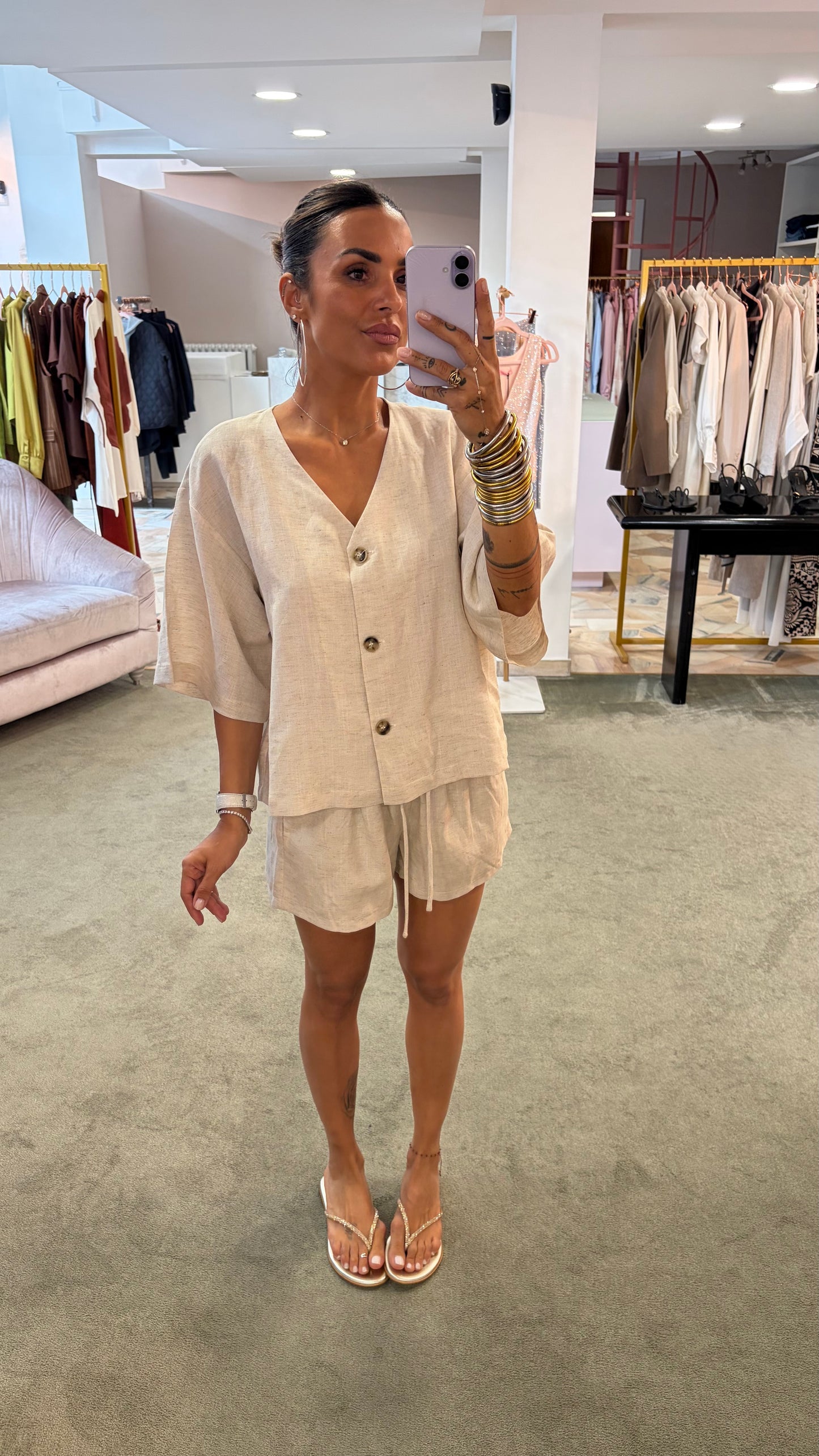 Camicia ecrù mélange in misto lino manica corta gl