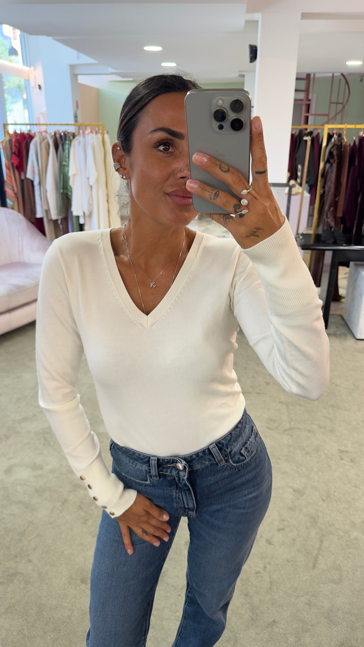 Maglione panna scollo a v in viscosa fr