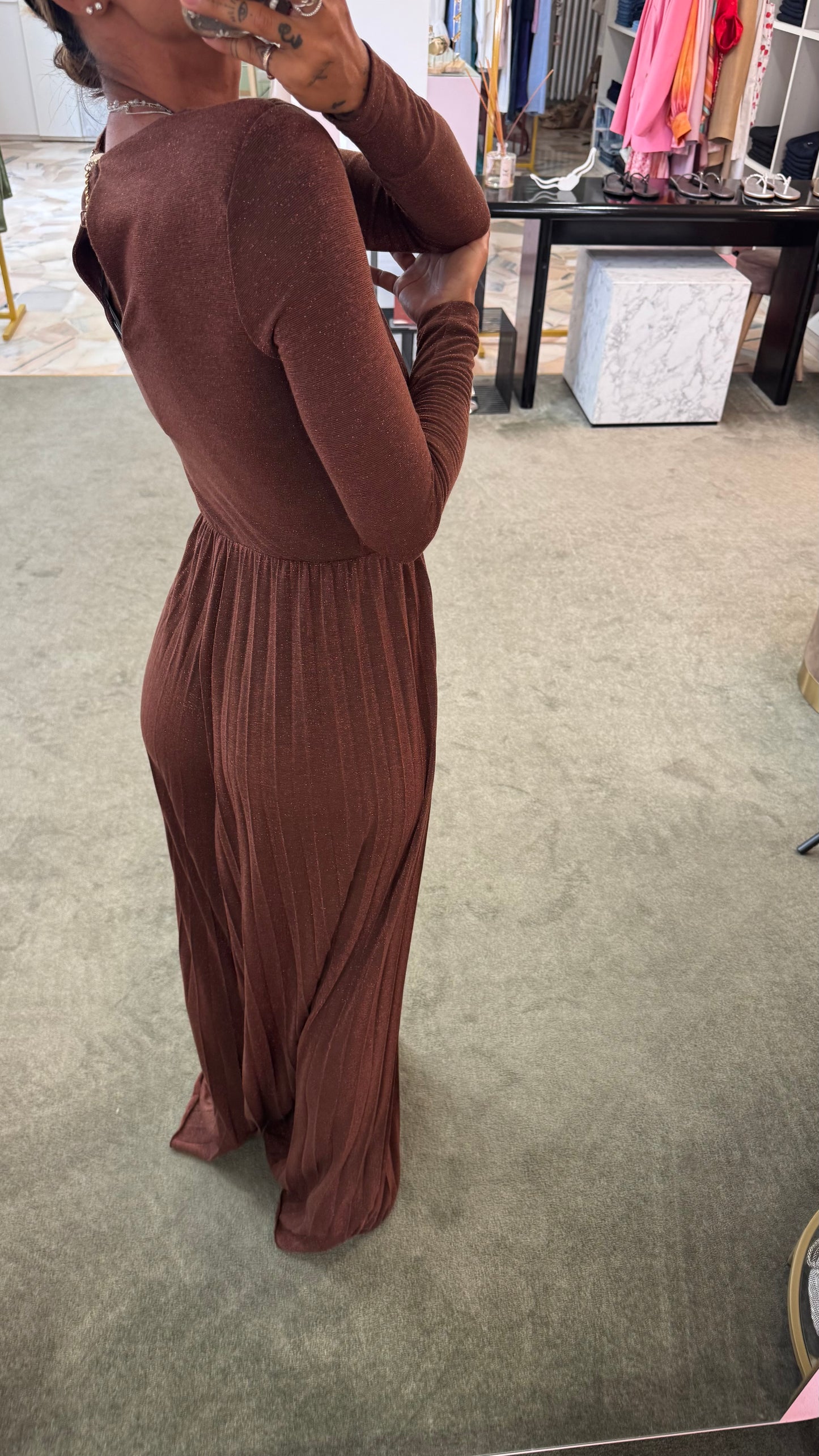 Jumpsuit marrone lurex plisse’ in maglia  fr
