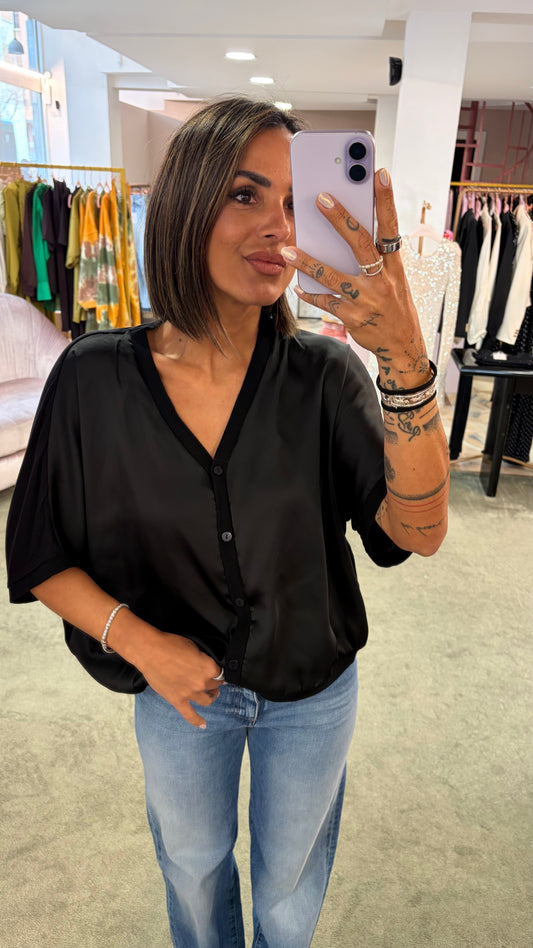 Cardigan t-shirt nera manica corta satin davanti sy