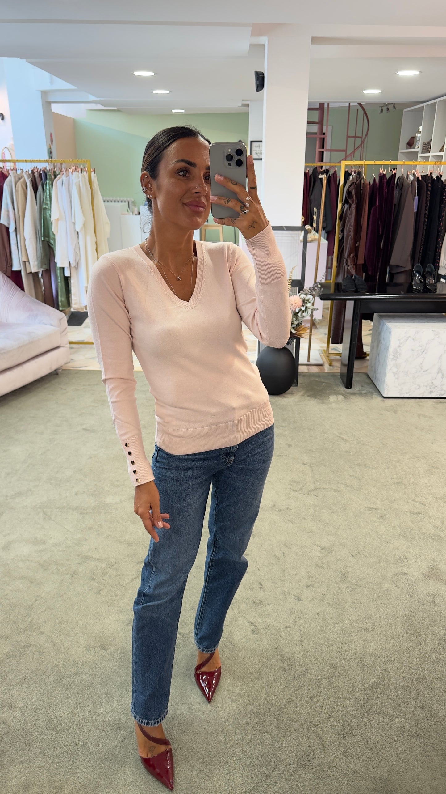 Maglione rosa baby scollo a v in viscosa fr