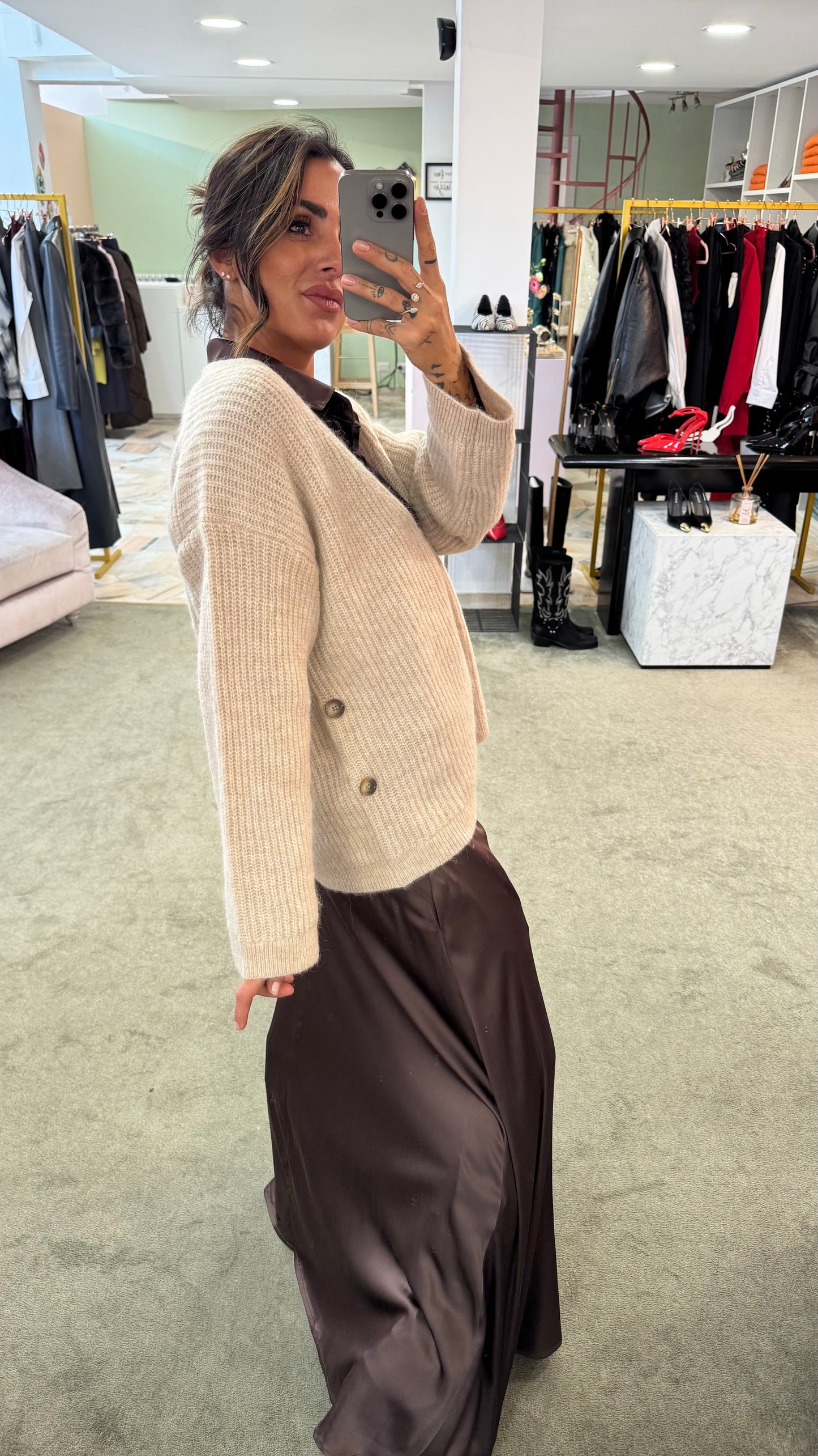 Cardigan over beige melange maglia inglese sl