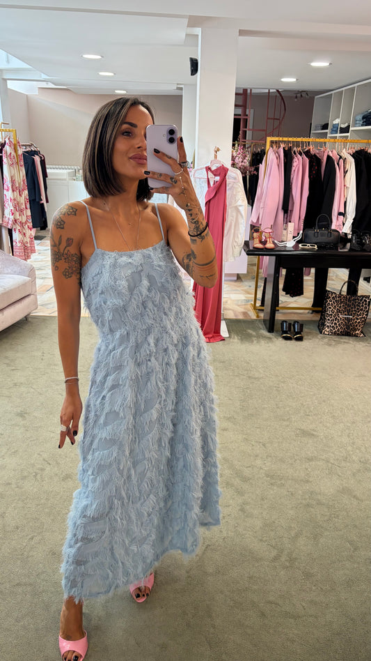 Abito midi azzurro polvere piume sl