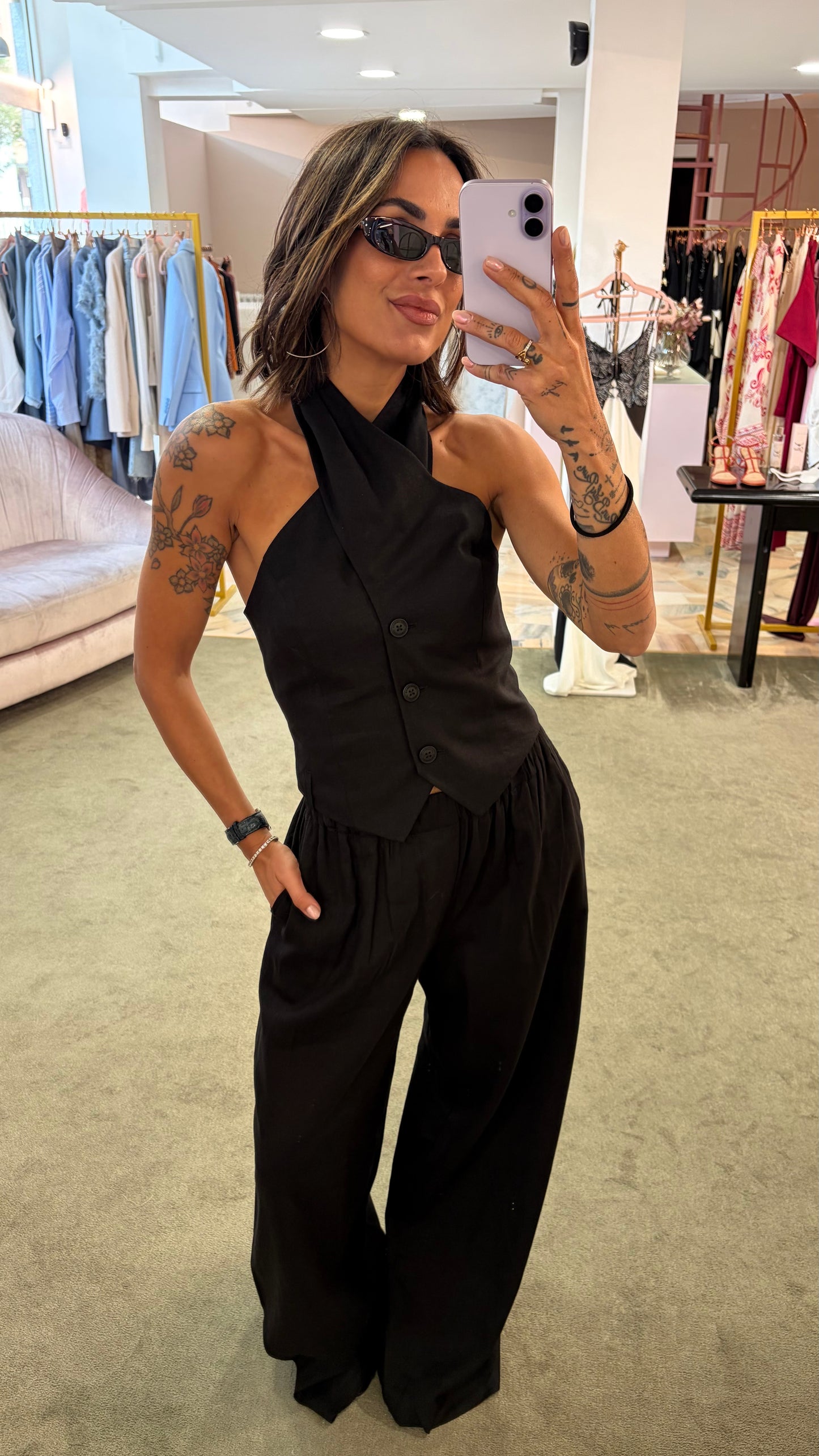 Pantaloni neri wide leg in lino Hinnominate