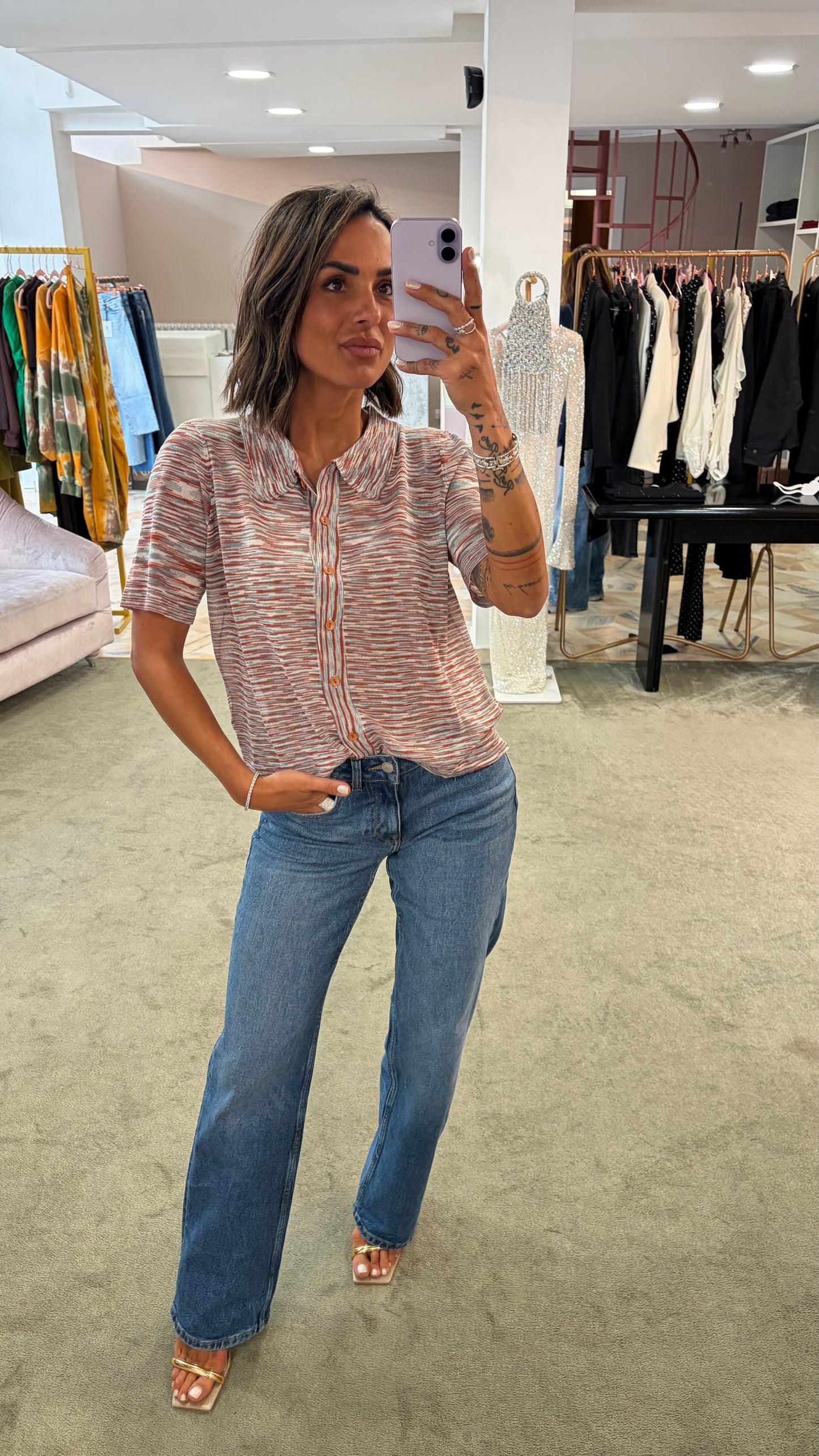 Polo camicia a righe multicolor con bottoncini apribili manica corta ay