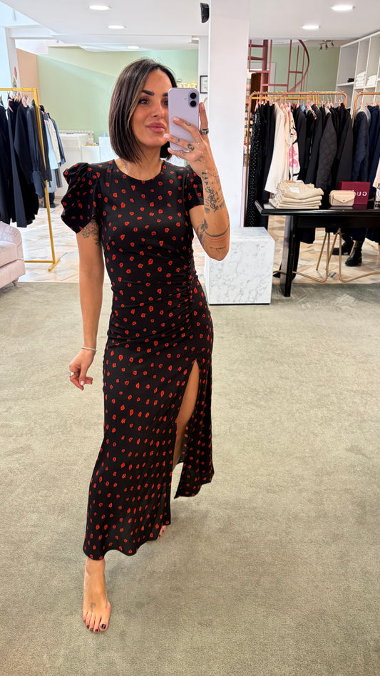 Abito kristel midi MAR DE MARGARITAS nero con fiorellini rossi